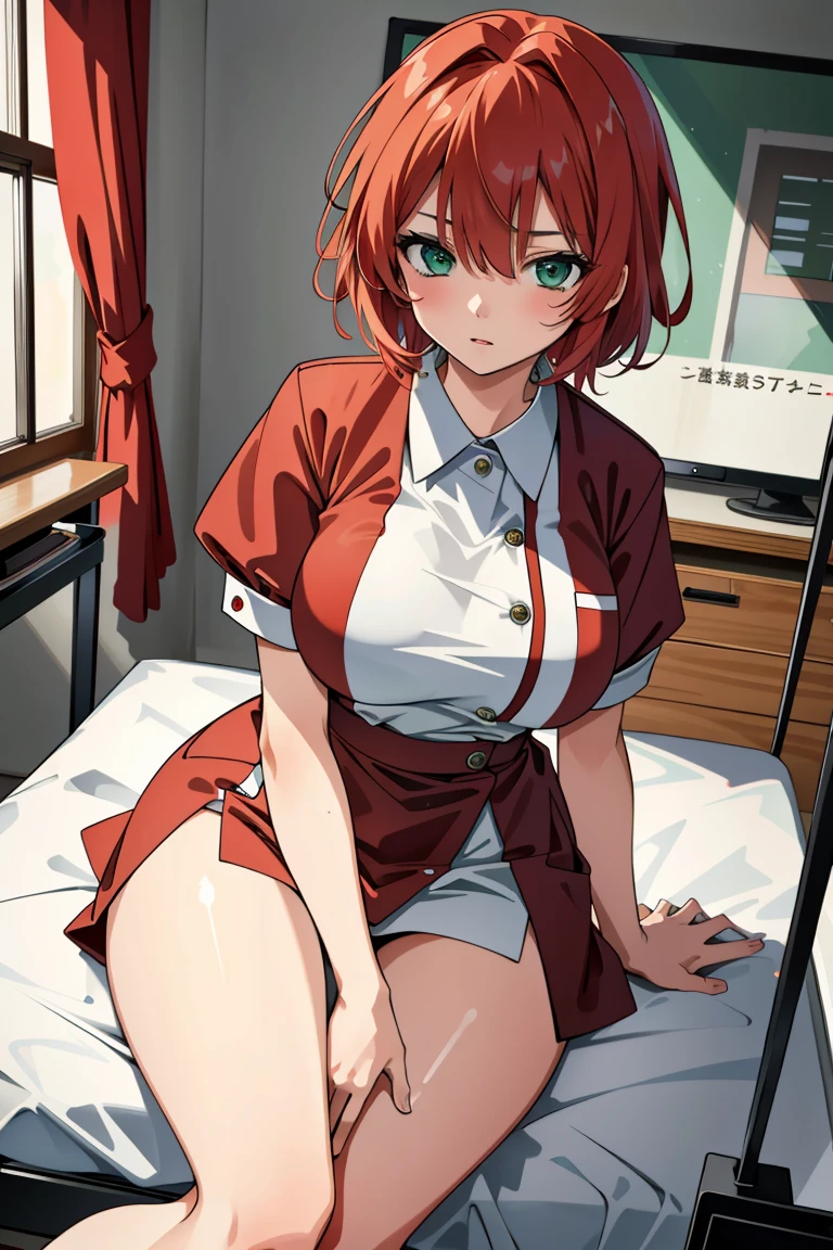 ((masterpiece, best quality,lower_body)), operating table,medical monitors,hospital bed, <lora:Kazumi Takayama:0.7> (kazumi takayama, short hair, green eyes, red hair, large breasts),