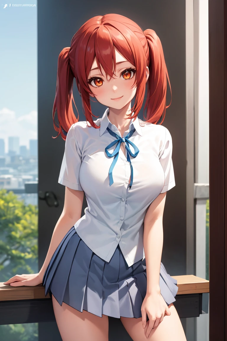 masterpiece, best quality, absurdres, 1girl, solo, red hair, twintails, orange eyes, large breasts, SakuragaokaSummer, sakuragaoka high school uniform, white shirt, neck ribbon, short sleeves, grey skirt, smile, <lora:SakuragaokaHighSchoolUniform:1.0>