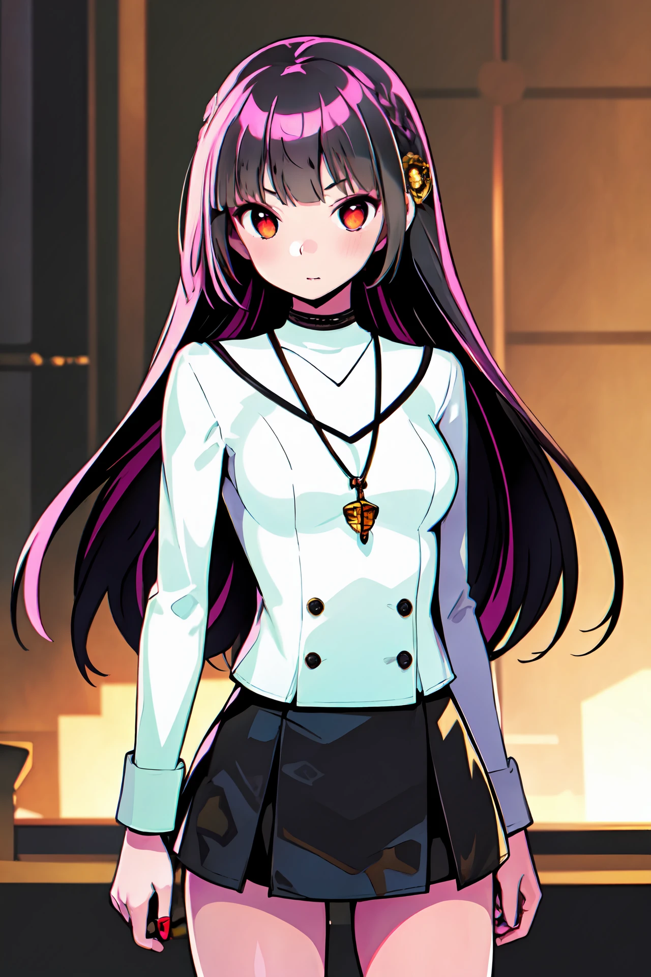 1girl, solo, masterpiece, Ultra-detail,(highres:1.1),best quality,(masterpiece:1.3),specular lighting, depth of field, <lora:Kiku:0.8>, kiku, multicolored hair, looking at viewer, blunt bangs, red_eyes, gradient_colored_hair, ring necklace, black_hair