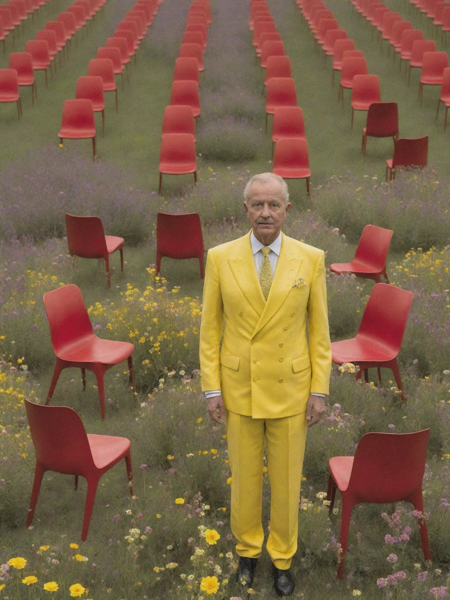 a man in a yellow suit standing in a field of flowers , a large room with a lot of red chairs