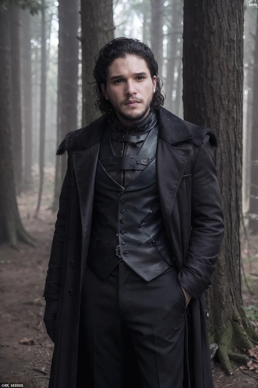 kitharington, a man, wearing clothes in forest <lora:kitharington:0.85>