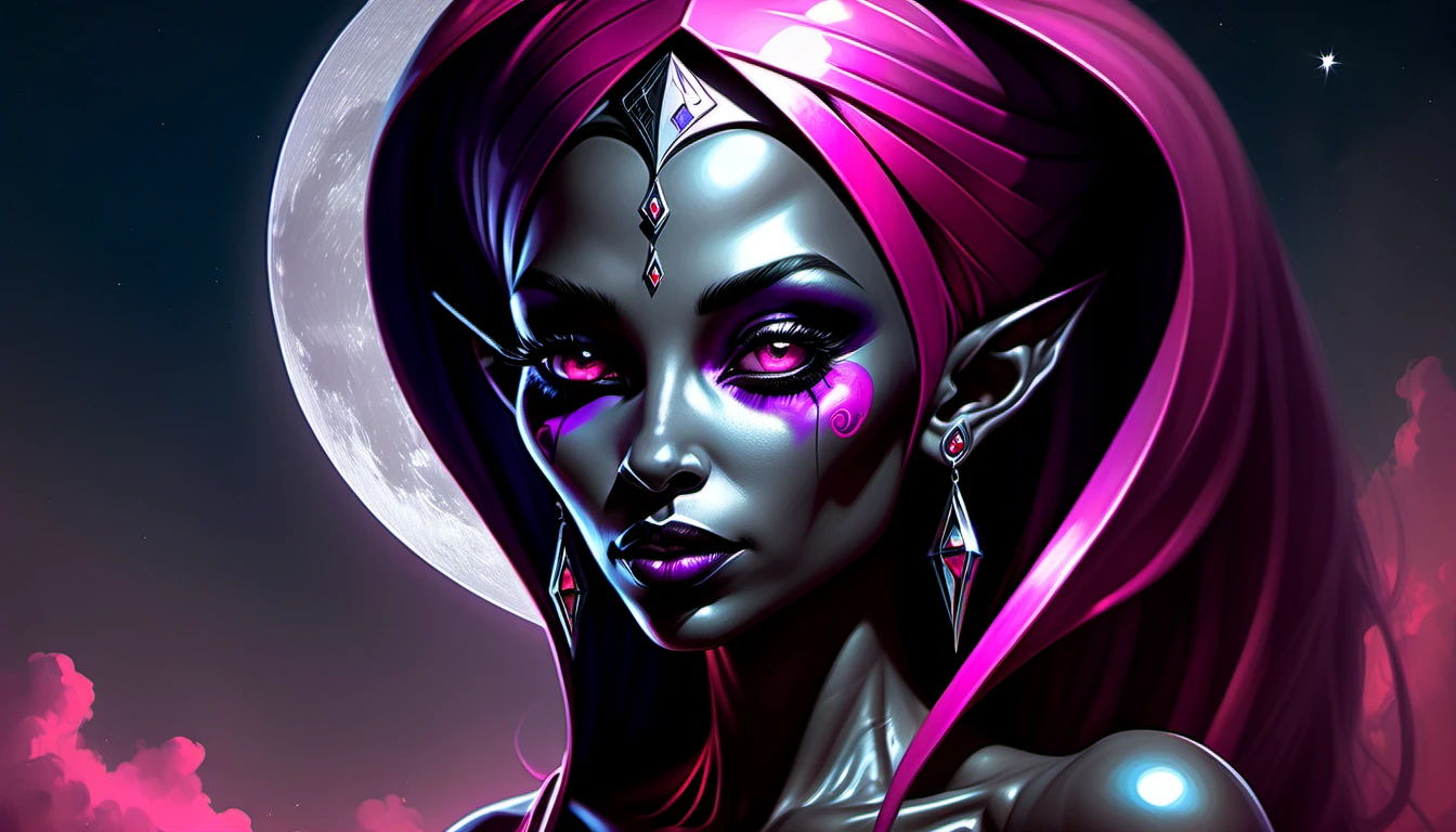 ObsidianX, elegant Drawing, masterpiece, broad-shouldered (Female Drow:1.2) , long nose, wearing Pink made of chrome with obsidian trim, Moon in the night, moody lighting, (colorful art stylized by Patrice Murciano:1.2)