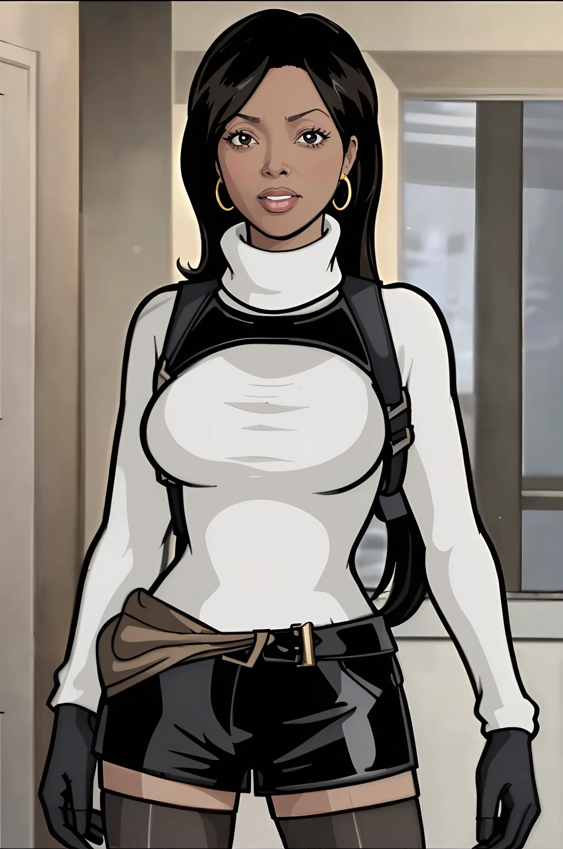 <lora:aisha_tyler:1> aisha_tyler, (long hair:1.3), white loop earrings
<lora:VEX:0.7> lana
<lora:Sweater_Shorts_By_Stable_Yogi:0.8> white sweater, turtleneck, harness, pantyhose, gloves, belt, latex shorts