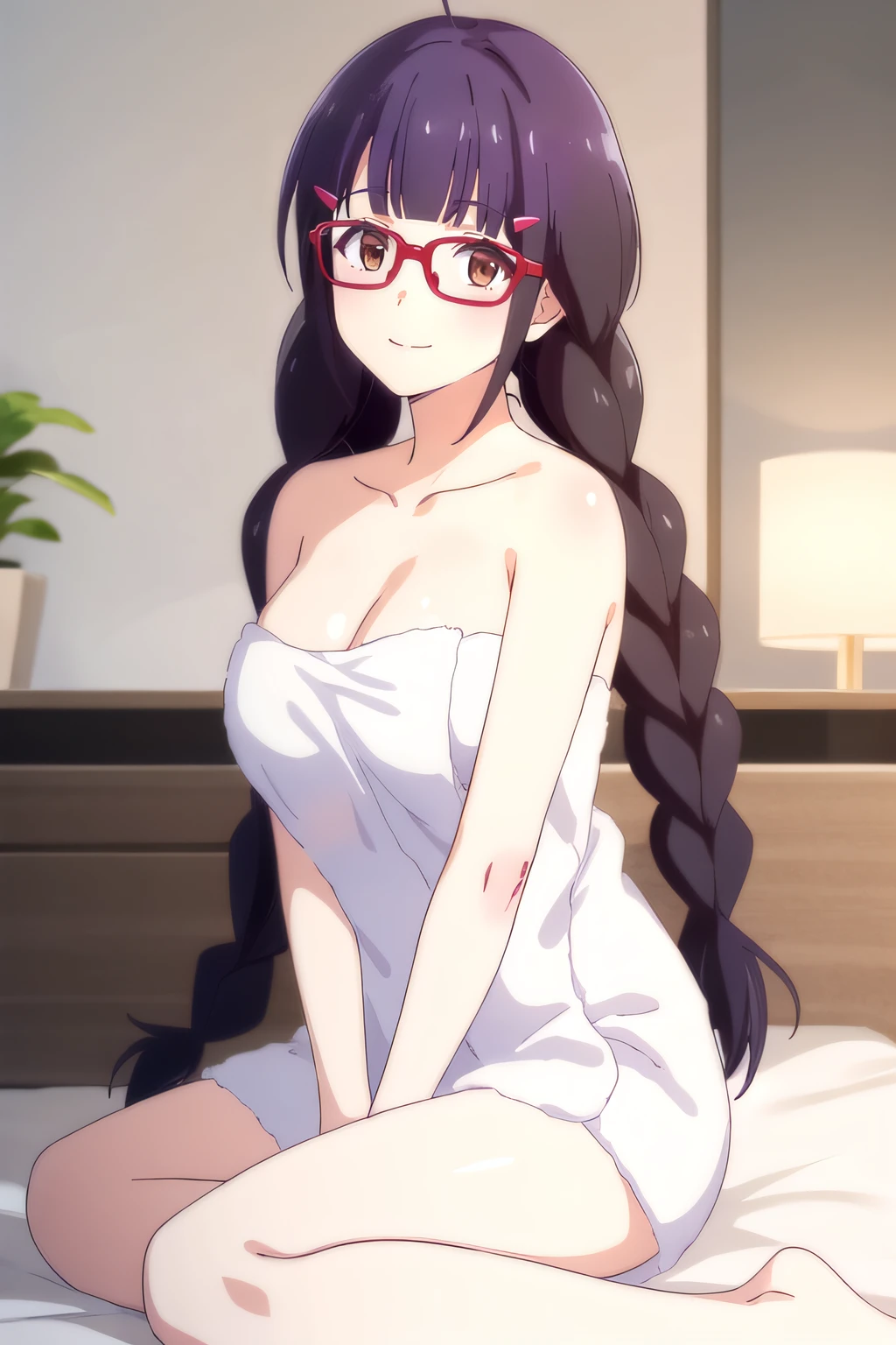 best quality, masterpiece, highres, solo, {izumisawa_aoi_renaiflops:1.15}, long_hair, glasses, red-framed_eyewear, braid, hair_ornament, twin_braids, hairclip, black_hair, bangs, brown_eyes, antenna_hair, purple_hair, 1girl, breasts, cleavage, covering_own_eyes, large_breasts, medium_breasts, off_shoulder, bathrobe, sitting, barefoot