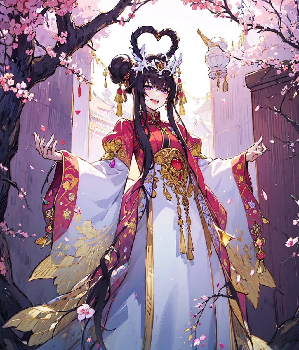 masterpiece, anime screencap, 1 girl, solo, purple hair, short hair, low tiwntails, heart shapped top knot, purple eyes, pink chinese clothes, long sleeves, head ornament, tiara, evil smile, laughting, full body, cowboyshot, outdoors <lora:Zhao Jun:1>