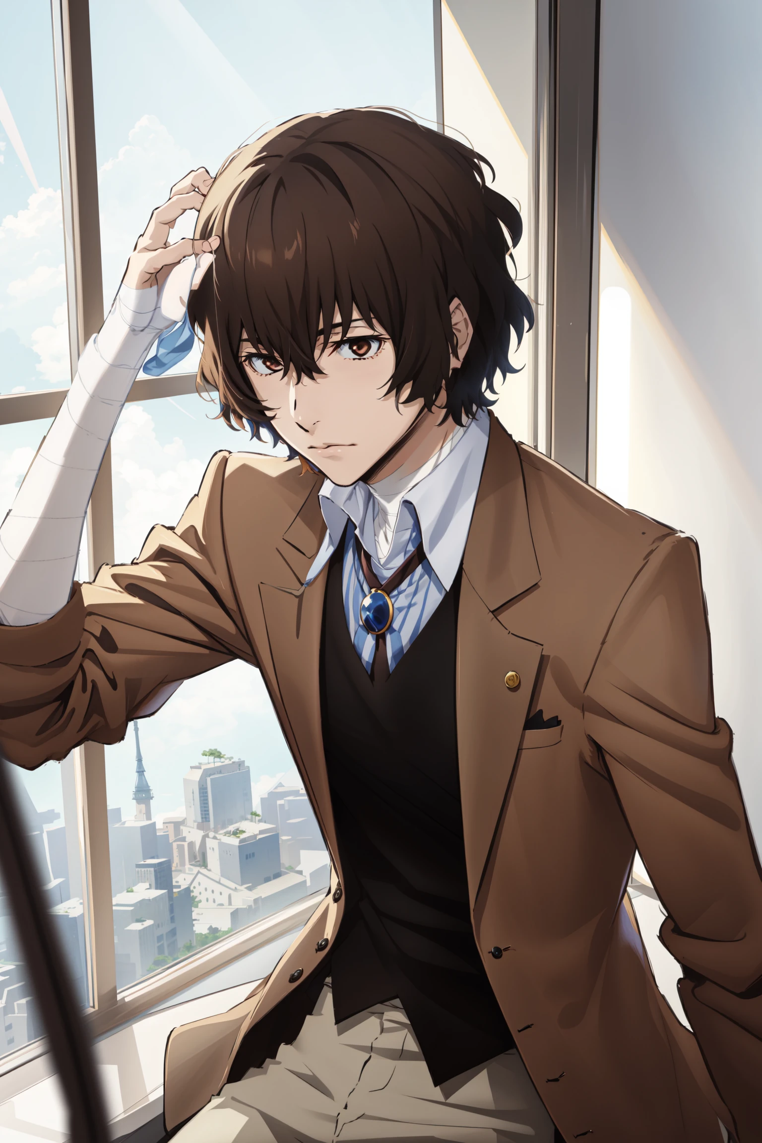 (masterpiece, best quality, highres, absurdres), <lora:GoodHands-vanilla:1.5>, <lora:Dazai:1> dazai, male focus, 1boy, brown hair, brown eyes, bandages, hair between eyes, shirt, white pants, beige coat, short hair, vest, bandaged arm, close up