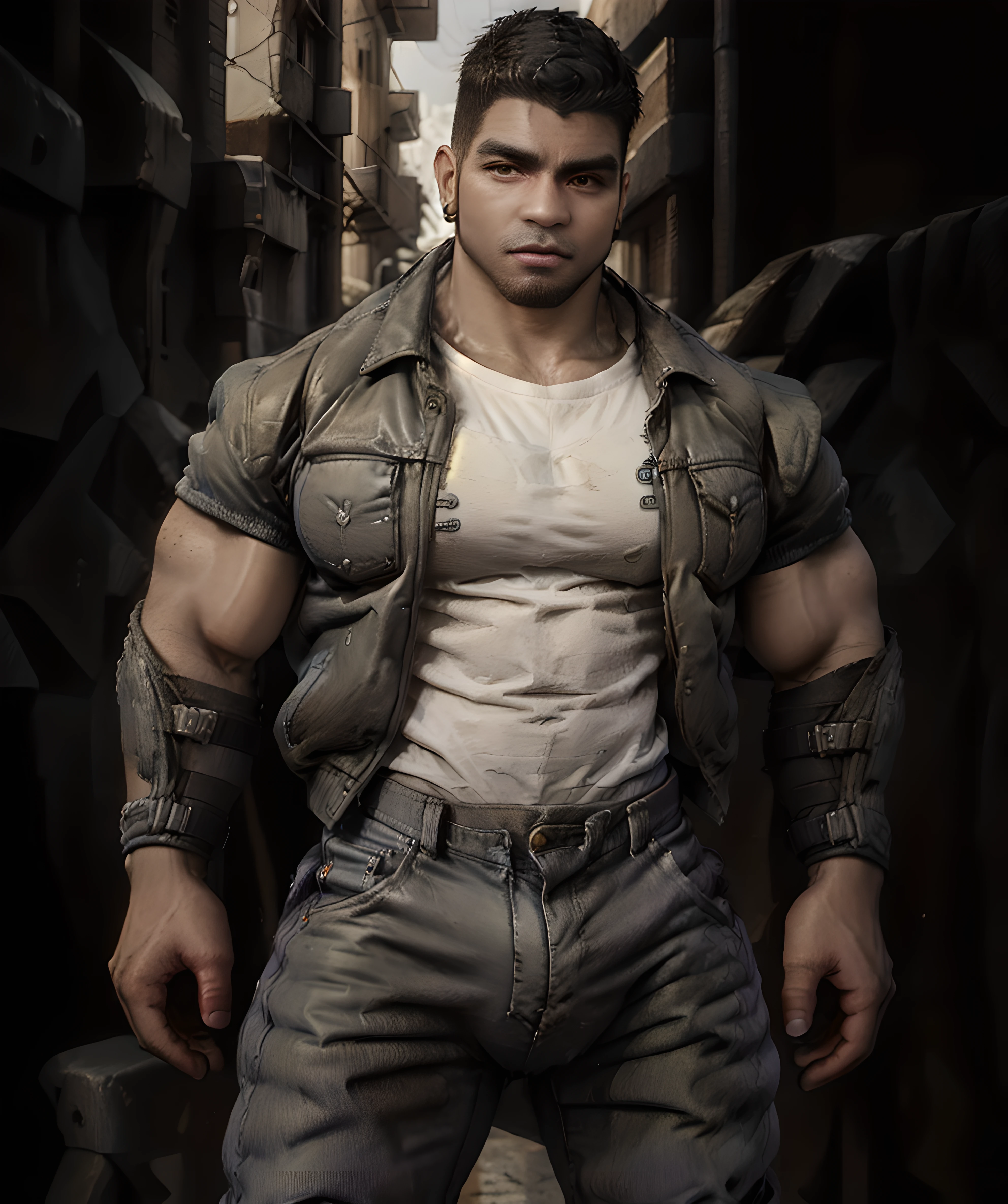 dominic_santiago, standing, looking at viewer, street alley, (big muscle), short hair, dark skin, white shirt, denim jacket, jeans, beard <lora:Dom_Santiago:0.85>