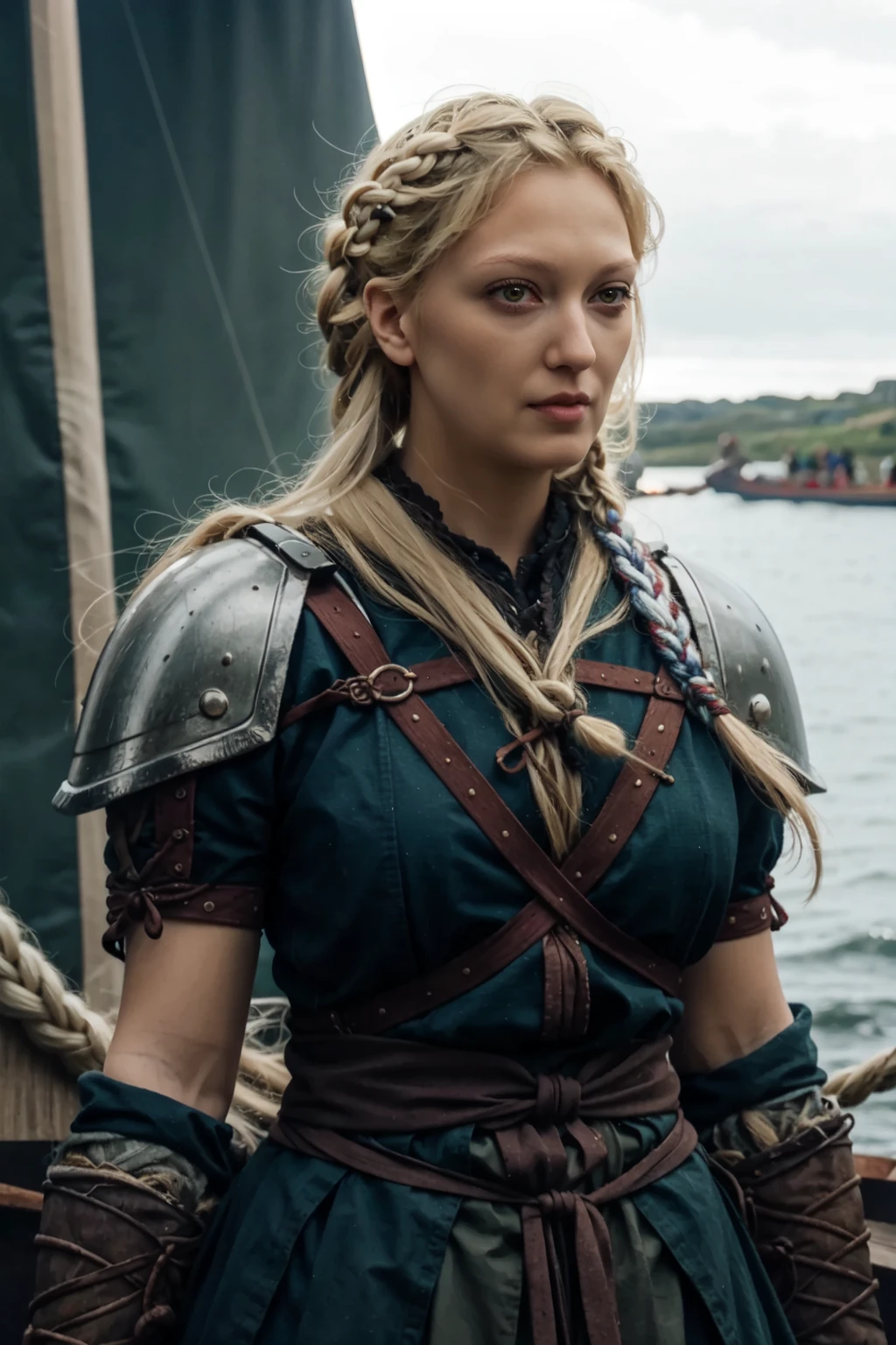 <lora:mondongo_LoRA_GeorgiaHirst_v2:1> mndngwmn, blond hair, wearing a viking armor, on a longboat, braids, (ultra realistic, 8k,high quality), above the waist photo