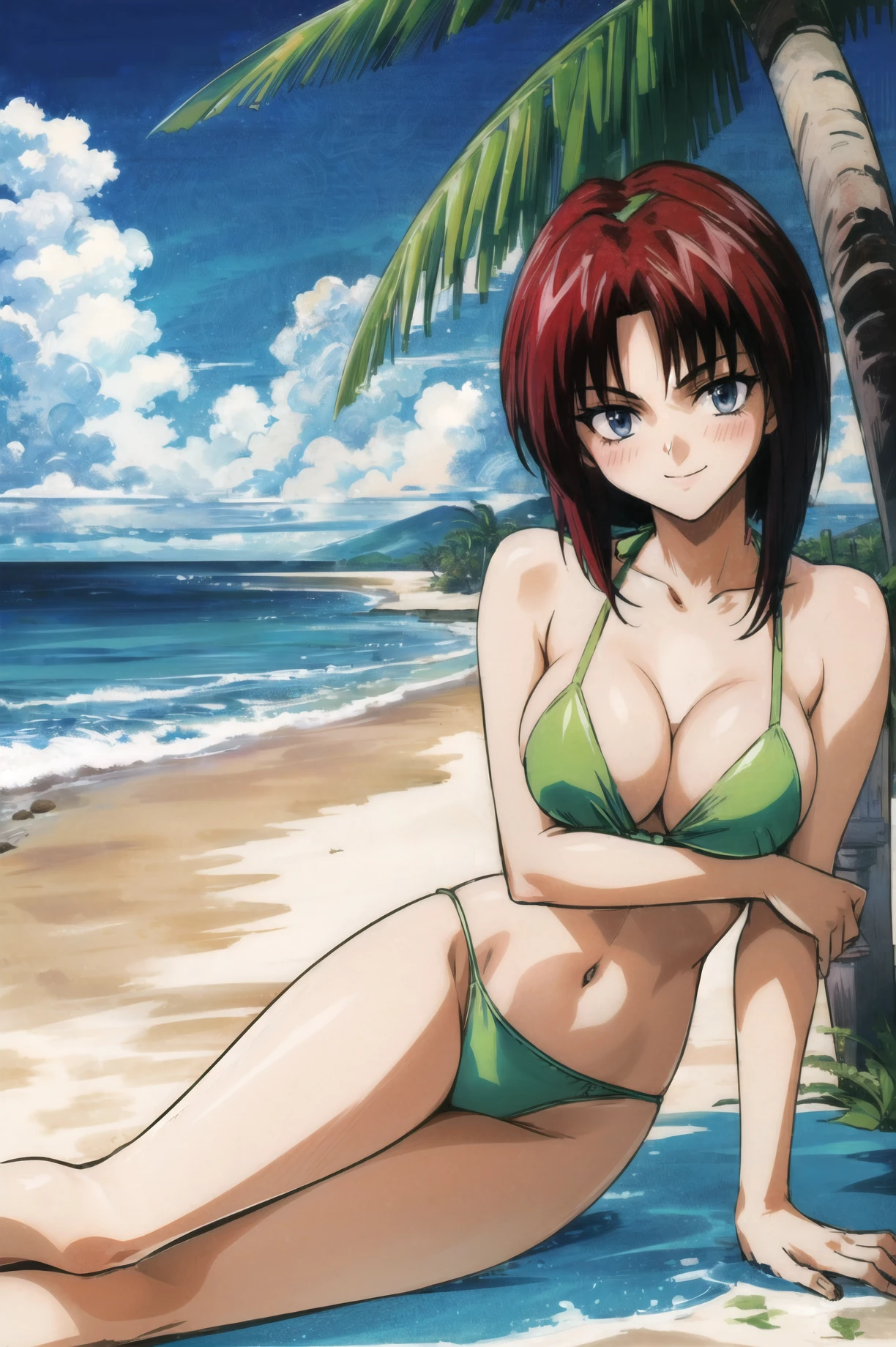 <lora:KaguraLoRA:1>,<lora:Coconut_Bra-Real20L_V1MergeV5_2:0.7>, masterpiece, detailed, 1girl, solo, (full body) kagura, brown hair, short hair, brown eyes, (dark skin), (dark-skinned female), ((tan)), looking at viewer, (round bikini top), at the beach, lighting