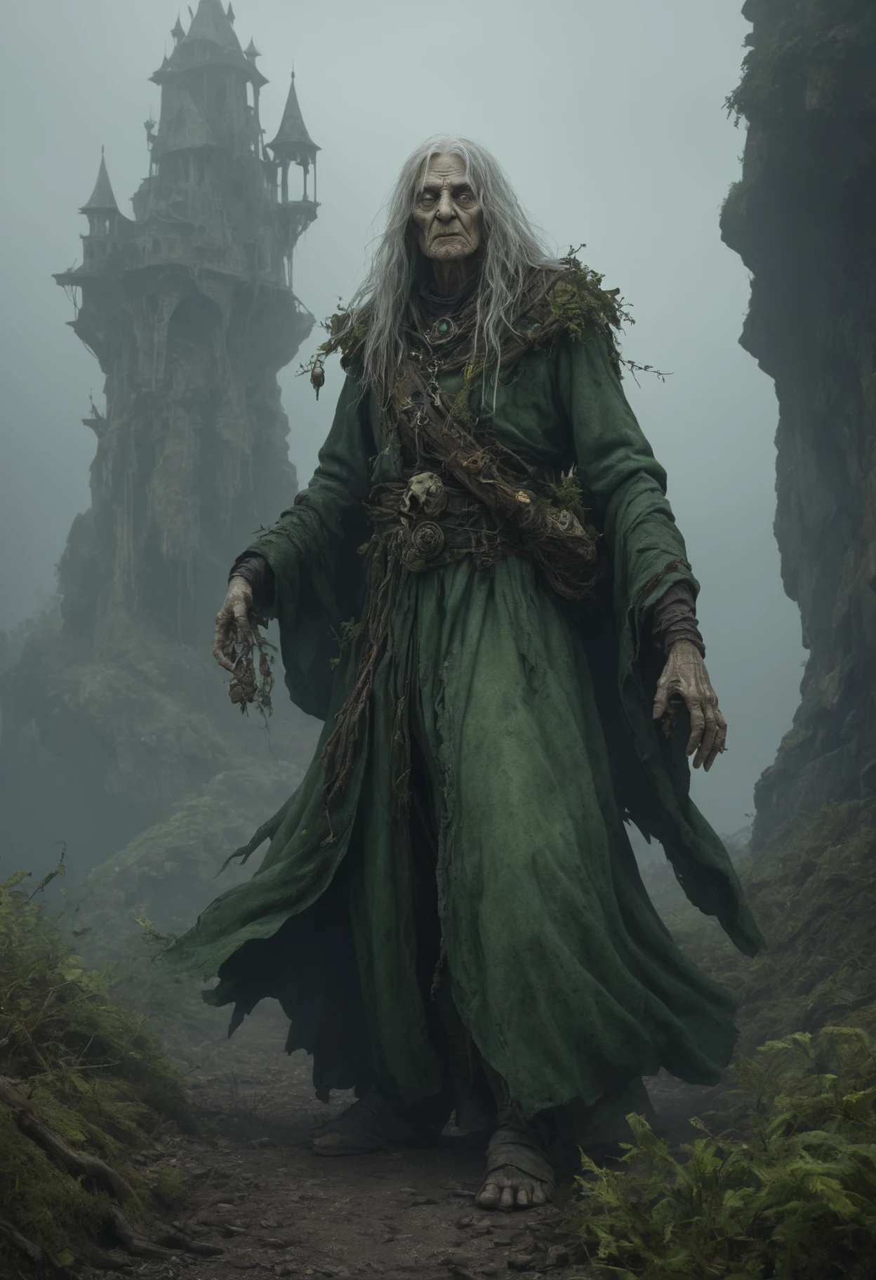 medium shot, DonMM1y4XL old woman, male dreadnought necrotic magic creeping miasmic fog that clings to the ground, sickly green-purplish color, a feeling of decay and corruption, withering plants and rusting metal, whisper of mortality, cliffs, a-frame roof, <lora:DonMM1y4XL-v2rb>,