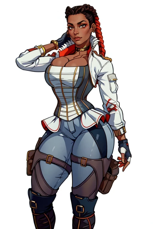 masterpiece,best quality,extreme detail,8k,(white background),<lora:loba:0.7>,lobaandrade,1girl,solo,breasts,black hair,gloves,cleavage,brown eyes,large breasts,jacket,braid,multicolored hair,boots,pants,fingerless gloves,twin braids,dark-skinned female,white jacket,corset,cropped jacket,white pants,hair behind ear,gold choker,cowboy_shot,