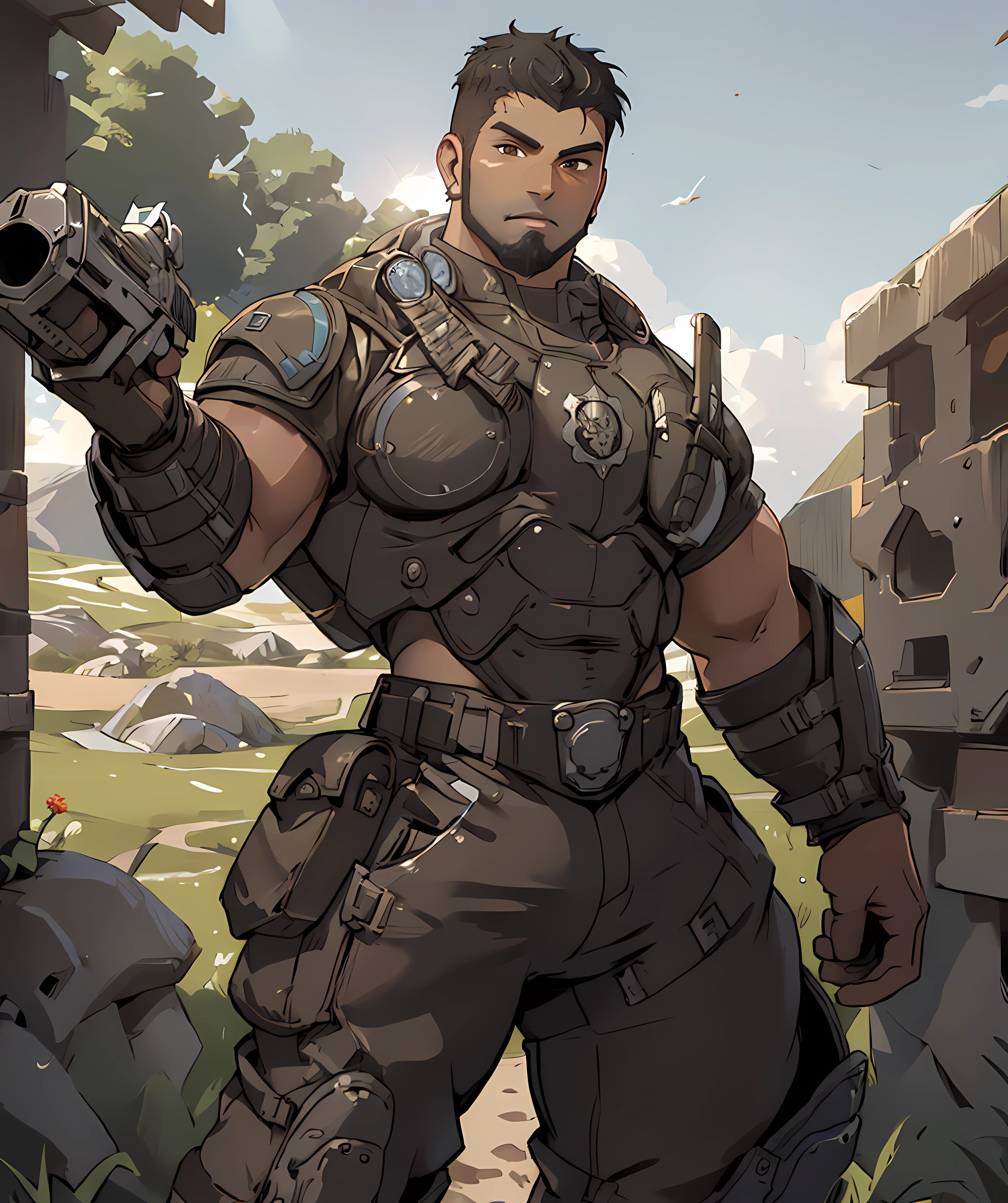 dominic_santiago, looking at viewer, muscular, short hair, dark skin, (beard:1.1), chubby, standing, field, sunny, daytime, armor, long pants, holding gun <lora:Dom_Santiago:0.8>
