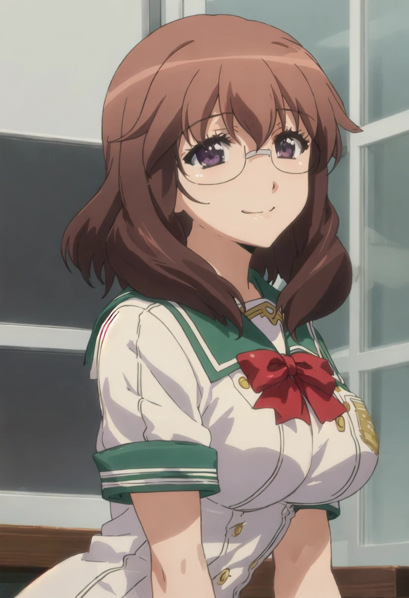 best quality, masterpiece, highres, solo, {mina_okura_soicantplayh:0.90}, 1girl, 2girls, large_breasts, school_uniform, smile