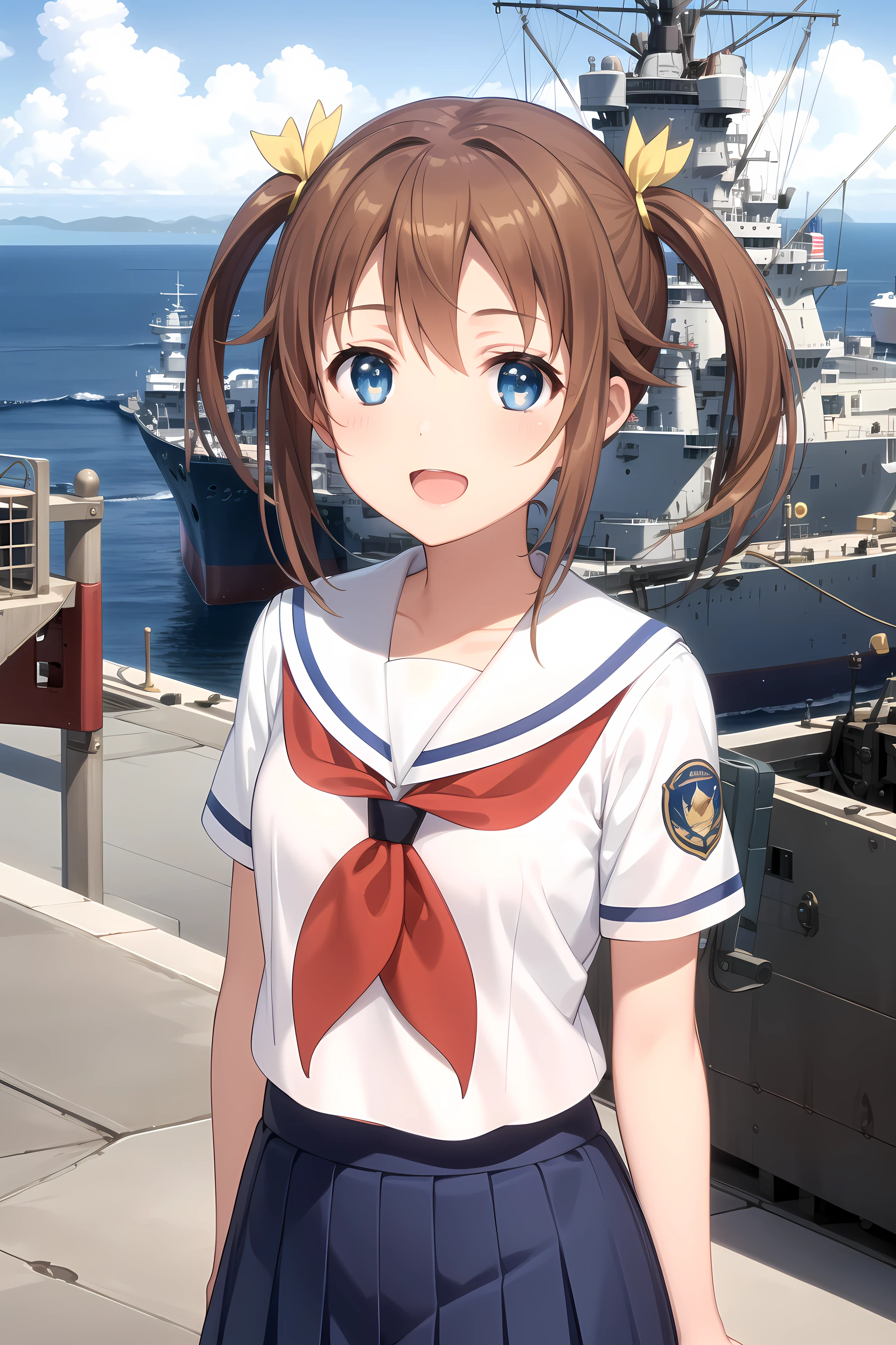 best quality, masterpiece, detailed,
<lora:HighSchoolFleet_MisakiAkeno_1:0.8>, MisakiAkeno,
1girl, smile, open mouth,
brown hair, blue eyes, short hair, twintails, hair ribbon, yellow ribbon,
serafuku, white shirt, short sleeves, red neckerchief, blue skirt,
standing, looking at viewer, arms at sides,
ocean, (ship, military vehicle:1.2)