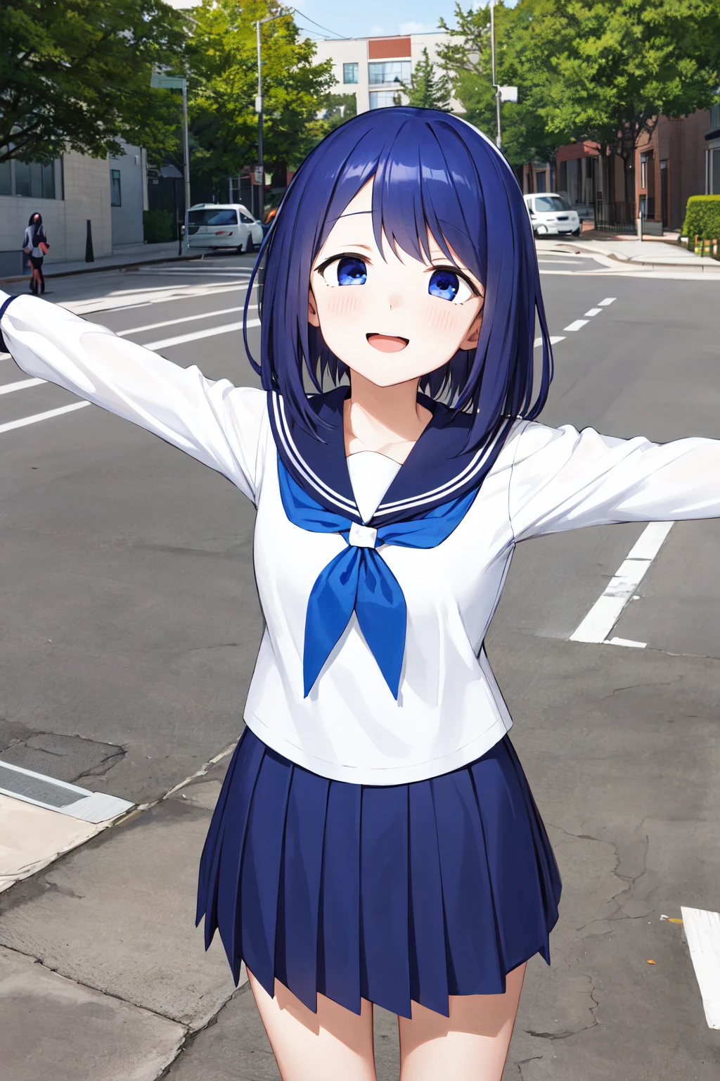 masterpiece, best quality, highres, 1girl, solo, medium hair, blue hair, blue eyes, <lora:kubo_saki_v1:0.7>, serafuku, school uniform, white shirt, smile, open mouth, outstretched arms, standing, cowboy shot, street,