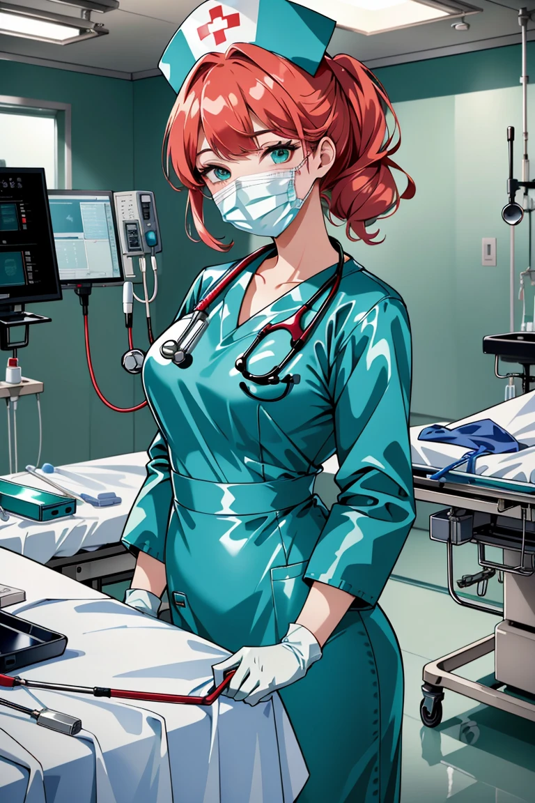 ((masterpiece, best quality,lower_body)), operating table,medical monitors,hospital bed, standing, <lora:Kazumi_Takayama_v1.2-000006:0.8>  (kazumi takayama,red hair,green eyes), <lora:surgical_nurse_v1:0.8> (surgical_nurse_v1.0, nurse cap, nurse, latex, stethoscope, latex gloves, surgical mask),