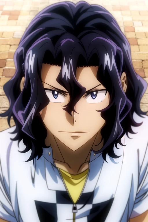 (best quality:1.1), (masterpiece:1.4), photorealistic, looking at viewer, , depth of field, , (anime:1.4), 1boy, solo, male focus, <lora:junta_teshima:0.82>, junta_teshima, black hair, black eyes, hair between eyes, sanpaku, wavy hair, , , ,