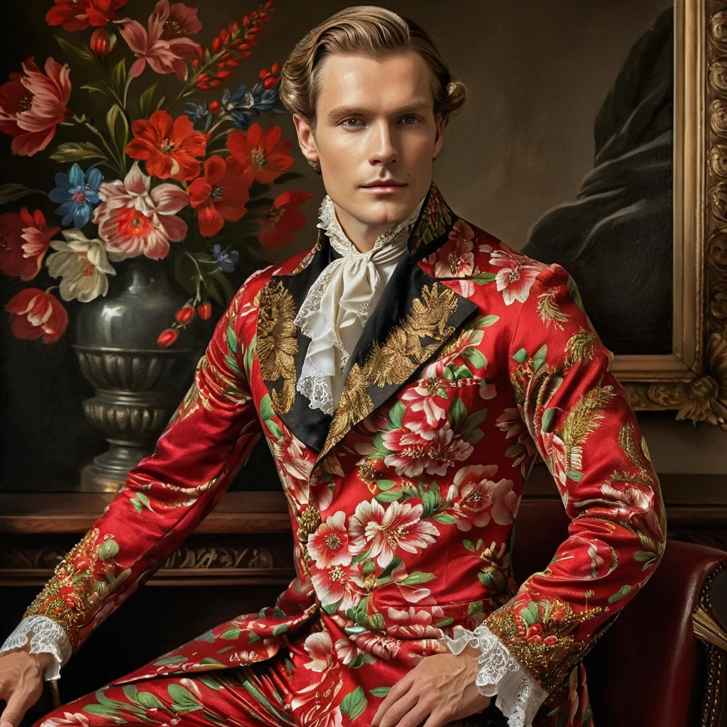 Create an oil painting of a European period gentleman adorned in opulent attire featuring red floral patterns. Capture the elegance and detail of his refined dress, emphasizing the rich textures and vibrant colors of his garment. His posture exudes nobility and grace, with a subtle background that complements the era's artistic style, focusing on the intricate designs and luxurious fabric of his outfit, <lora:haka_flower:0.8>