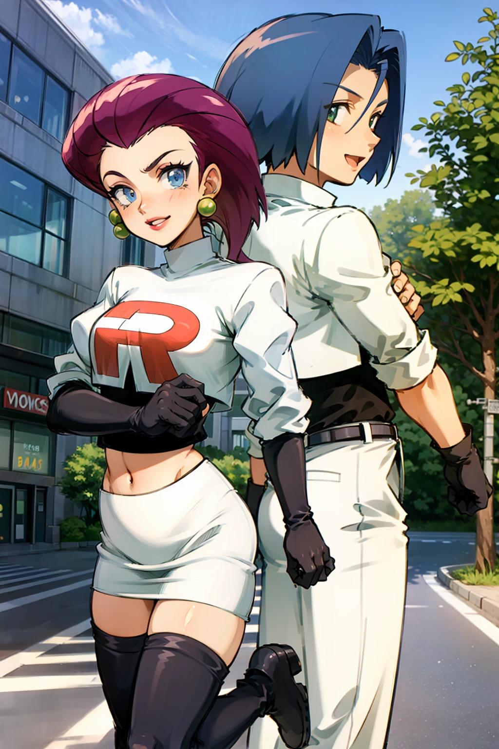 masterpiece, highres, absurdres, high quality,best quality, looking at viewer,city, street, sidewalk, taxi, skyscraper,sugimori ken \(style\),anime screencap,1990s \(style\), (art by sugimori ken), standing, 1girl, 1boy, (back-to-back:1.2)
BREAK
<lora:EPpkJessie-09:1.0>, EPpkJessie, long hair, blue eyes, purple hair, boots, parted lips, smile, white jacket, cropped jacket, earrings, elbow gloves, gloves, jacket, jewelry, lipstick, makeup, navel, shirt, skirt, team rocket, team rocket uniform, thigh boots
BREAK
<lora:EPpkJames-07:1.0>, EPpkJames, short hair, blue hair, green eyes, :d, belt, belt buckle, black footwear, black gloves, black shirt, boots, buckle, elbow gloves, gloves, jacket, jewelry, open mouth, pants, purple belt, shirt, smile, team rocket, thigh boots, white jacket, white pants