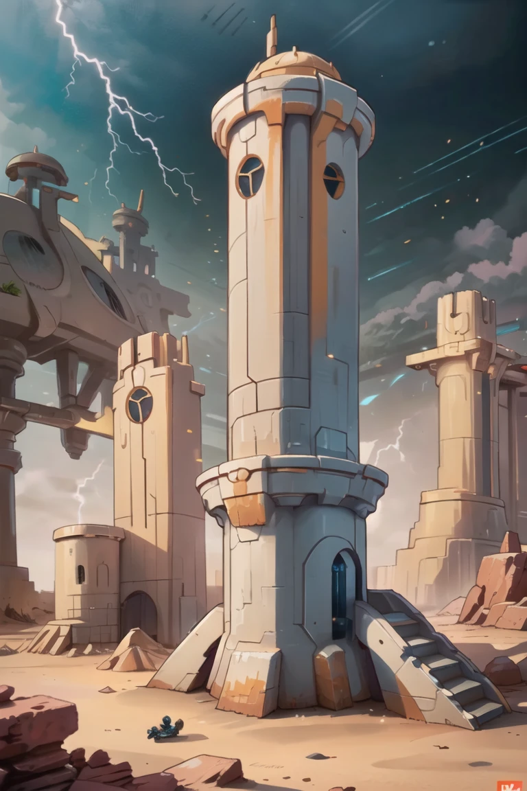 ((masterpiece,best quality)), <lora:Tau_World:0.8>, Tau_World, scifi,building, castle, structure, still life, no humans, military, ground vehicle, desert, stairs, fantasy, pillar, lightning,