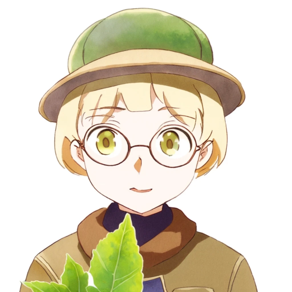 anime, studio ghibli, masterpiece, close up, masterpiece, best quality, bokeh, cute, 1girl, solo, beret, hair clip, beige hair, round eyewear, brown jacket, turtleneck sweater, upper body, looking at viewer, yellow eyes, closed mouth, leaf, white background, plant