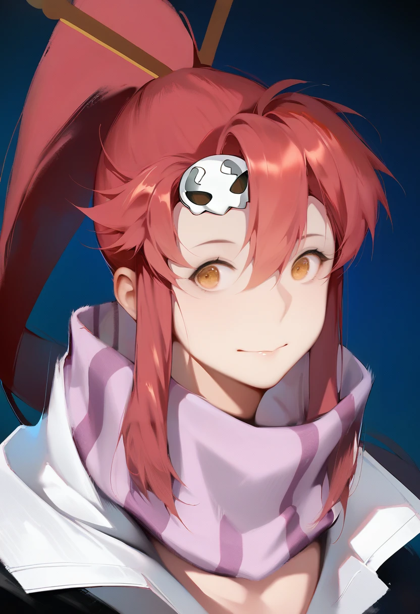 score_9, score_8_up, score_7_up, score_6_up, score_5_up, score_4_up, masterpiece, best quality, <lora:DPOXL:1> <lora:sola7764XL_AP_V1:1>1girl, solo, red hair, yoko littner, hair ornament, long hair, scarf, ponytail, skull hair ornament, portrait, smile, hair between eyes, looking at viewer, bangs, pink scarf, hair stick, closed mouth, yellow eyes, orange eyes, striped scarf, sidelocks, black background
