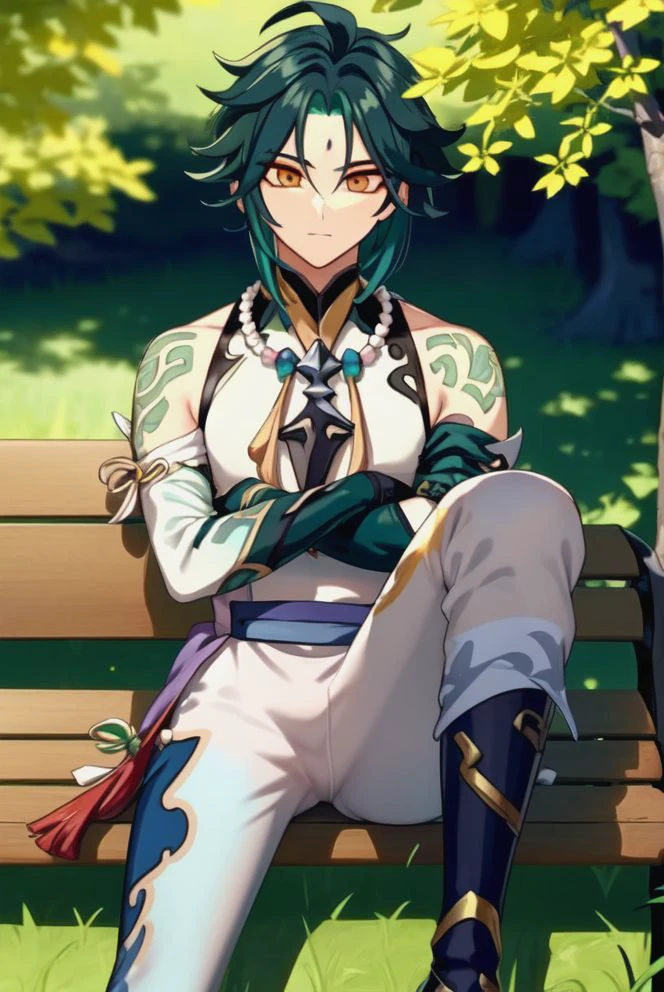 xiao \(genshin impact\), full body, sitting on a bench, crossing arms, separated legs, adult male body, adult face, serius, !, golden eyes, ((deep dark blue hair)), green short hair with long dark green locks, white oriental vest, ((no sleeves)), (((dark blue pants))), long dark boots, blue trims, <lora:Muscular-10:1.3> <Lora:XiaoStyle_lora-10:1.2> <Lora:cateye_v3b_4:1.2><lora:XiaoStyle_lora-10:1.0><lora:XiaoStyle_lora-10:1.0>
