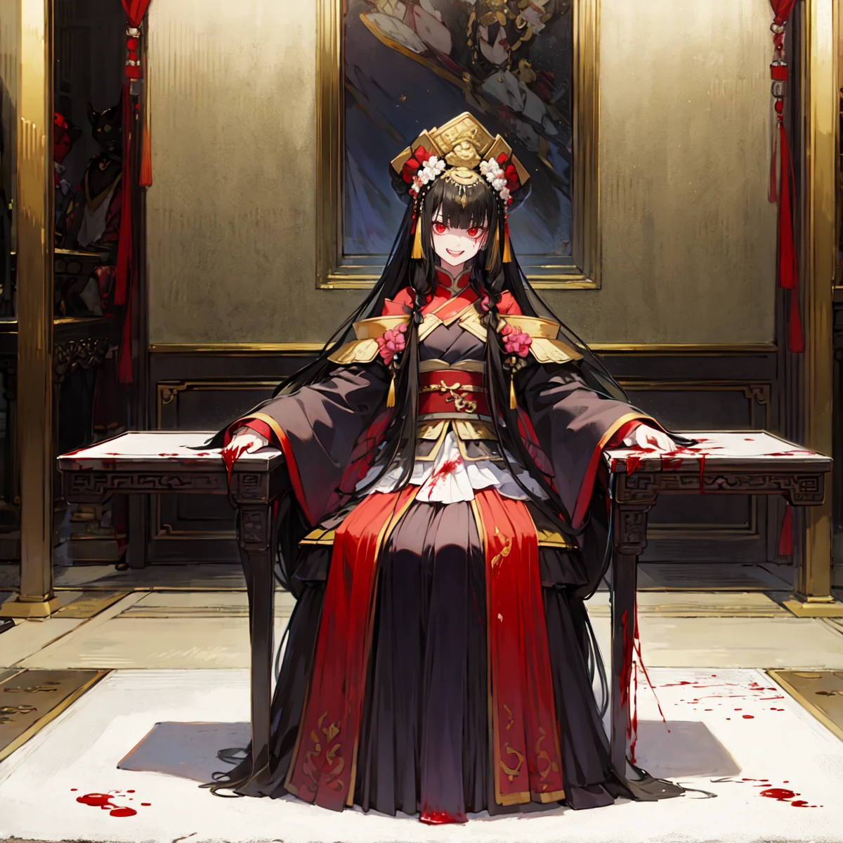 masterpiece, anime screencap, 1 girl, solo, ((blood, horror)), atmospheric light, long hair, black hair, red eyes, black chinese clothes, head ornament, smug, teeth, hand on face, blood stains, blood, maniatical laughter, ((full body)), sitting, table, indoors, chinese palace, cowboy shot <lora:chao feng:1>