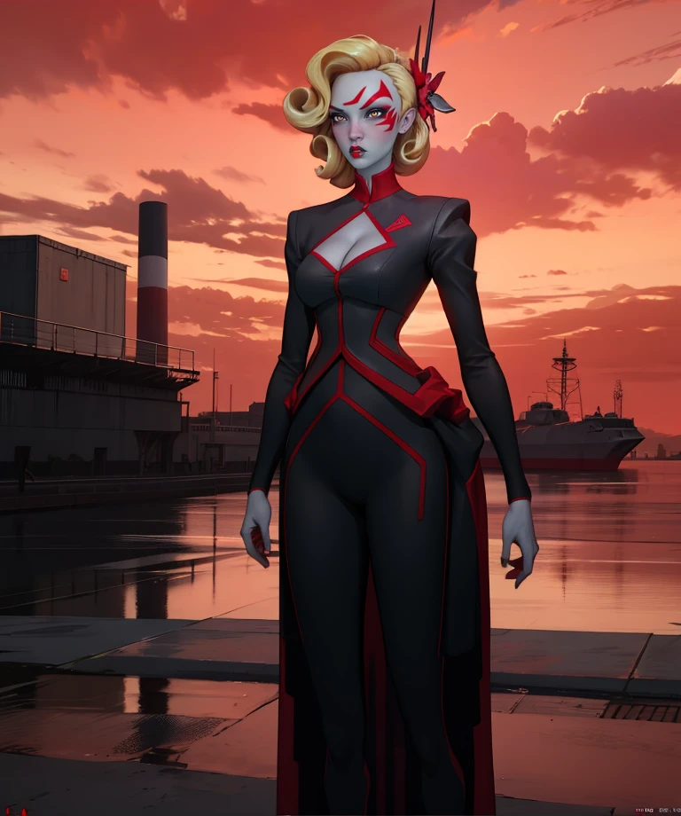 deande,white eyes,blonde hair,hair ornament,facial mark,serious,
black dress,long sleeves,cleavage,
standing,
red sky,military base,science fiction,
(insanely detailed, masterpiece, best quality) cinematic lighting,<lora:deande:0.8>,