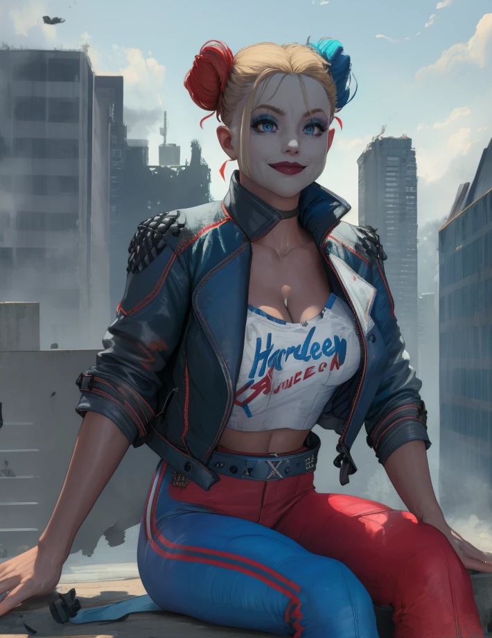 Harley,blue eyes,double bun,
shirt,cropped jacket,belt,multicolored pants,smile,
upper body,cleavage,
sitting,
metropolis,morning,destruction,
(insanely detailed, masterpiece, best quality),solo,<lora:HarleySQ:0.8>,