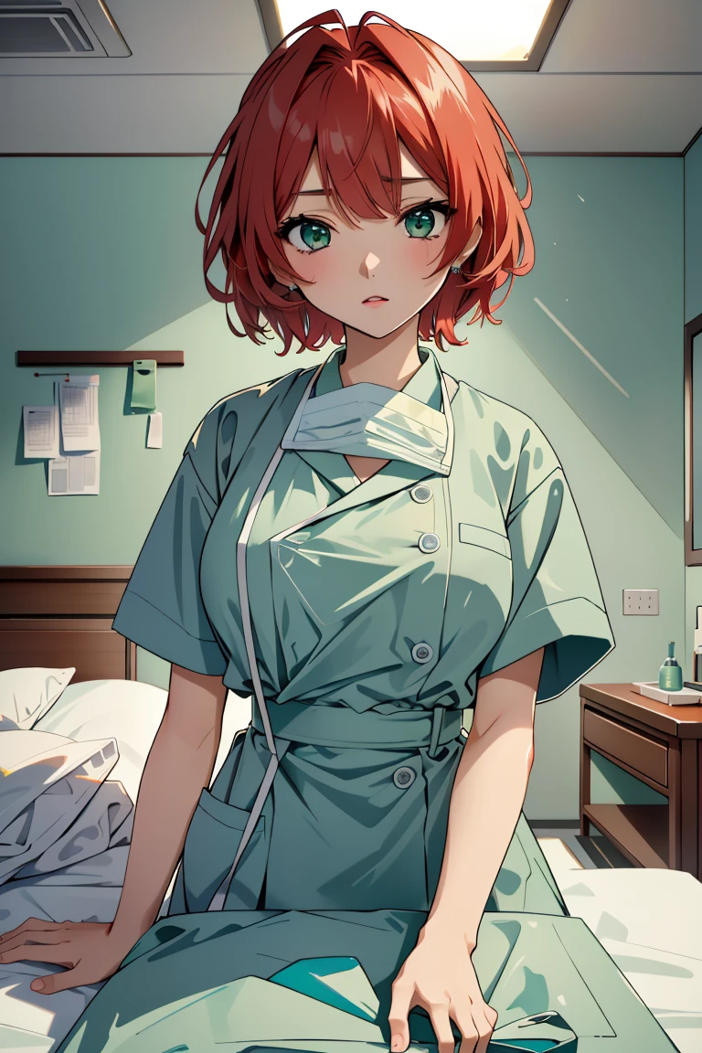 ((masterpiece, best quality,lower_body)), operating table,medical monitors,hospital bed, <lora:Kazumi Takayama:0.7> (kazumi takayama, short hair, green eyes, red hair, large breasts),<lora:concept_surgical_mask_open_v2_1:0.95> (surgical_mask_open, looking at viewer, upper body),