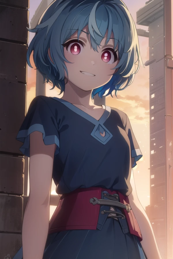 kohinahiruko, <lora:kohina hiruko s1-lora-nochekaiser:1>,
kohina hiruko, short hair, (red eyes:1.3), (bright pupils:1.5), streaked hair, blue hair, smile, grin,
BREAK dress, blue dress, short sleeves, frills,
BREAK outdoors,
BREAK looking at viewer, (cowboy shot:1.5),
BREAK <lyco:GoodHands-beta2:1>, (masterpiece:1.2), best quality, high resolution, unity 8k wallpaper, (illustration:0.8), (beautiful detailed eyes:1.6), extremely detailed face, perfect lighting, extremely detailed CG, (perfect hands, perfect anatomy),