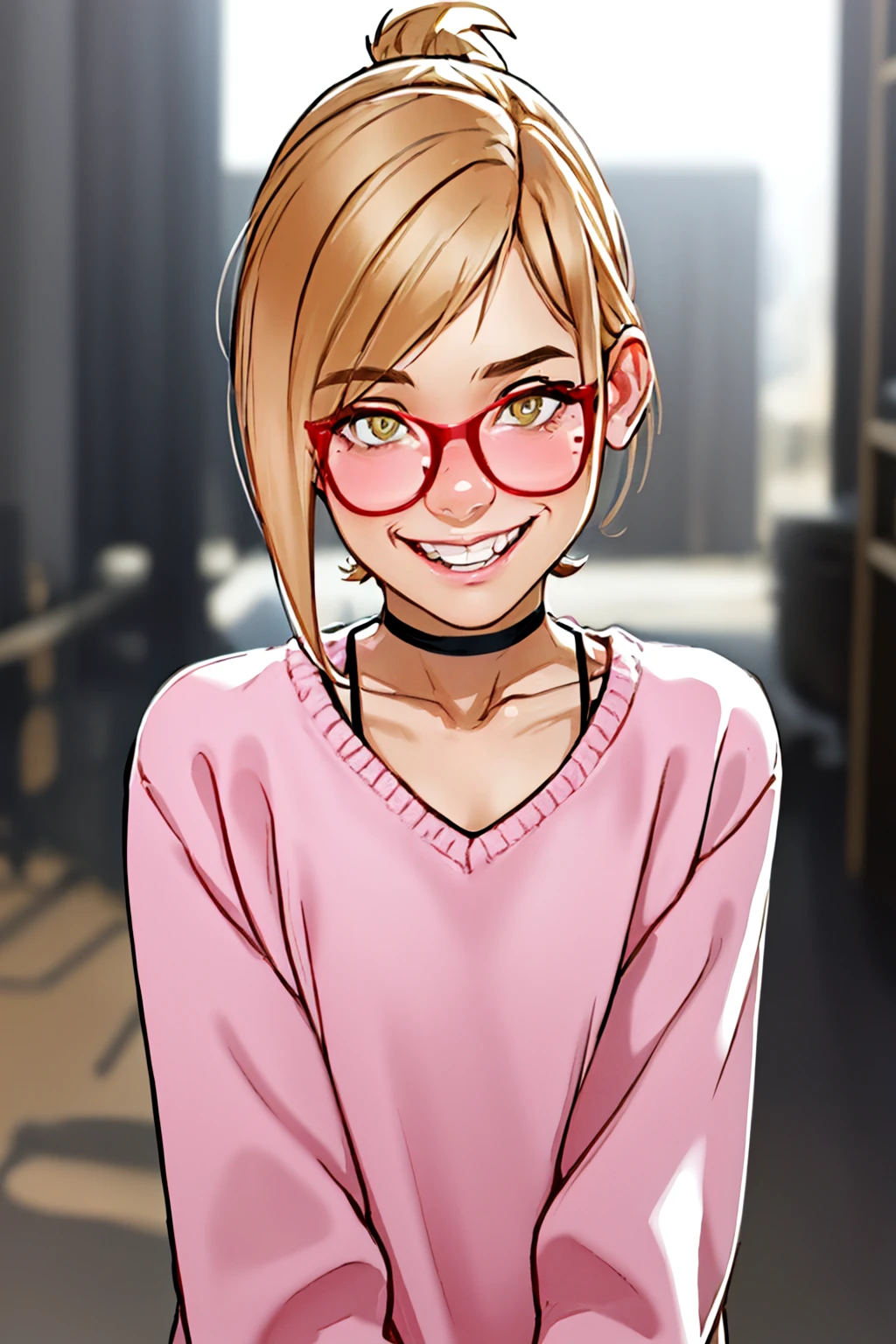 <lora:Darcy1.0:0.85> darcy, 1girl,solo, red-framed eyewear, teeth, yellow eyes, blonde hair, smile, looking at viewer, choker,upper body, sweater, short ponytail, face,