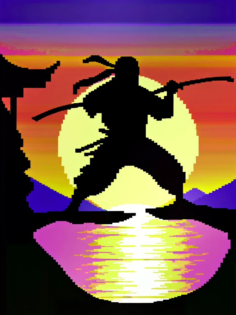 silhouette of a ninja kata at  sunset,dither pixels, 64gr4ph1cs style<lora:C64XL-000005:0.8>