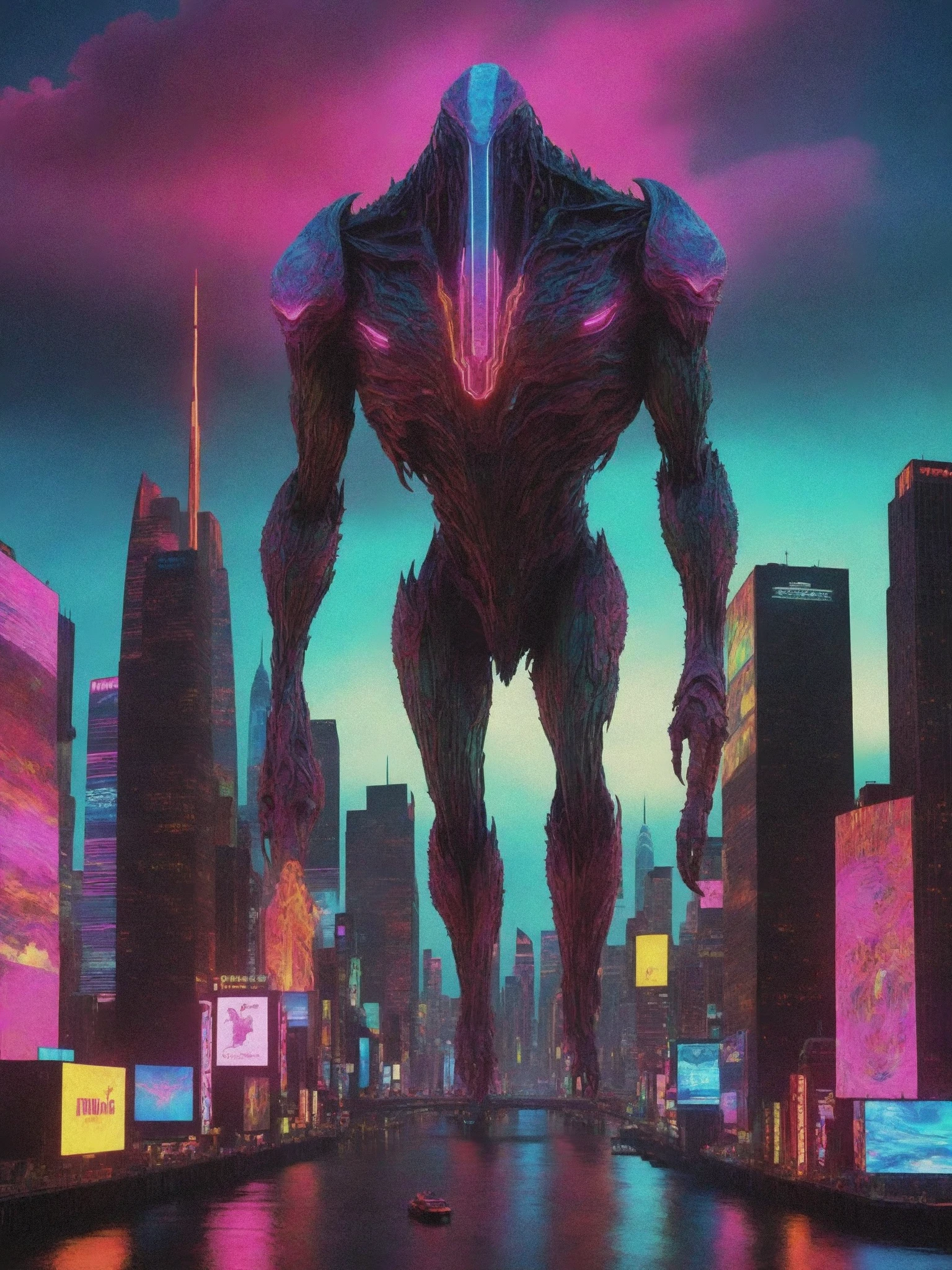 -A surreal movie scene featuring a giant, otherworldly creature towering over a futuristic cityscape. The scene is bathed in vibrant, neon colors and features intricate details and textures. , cinematic movie by Todd Phillips , Dante Spinotti