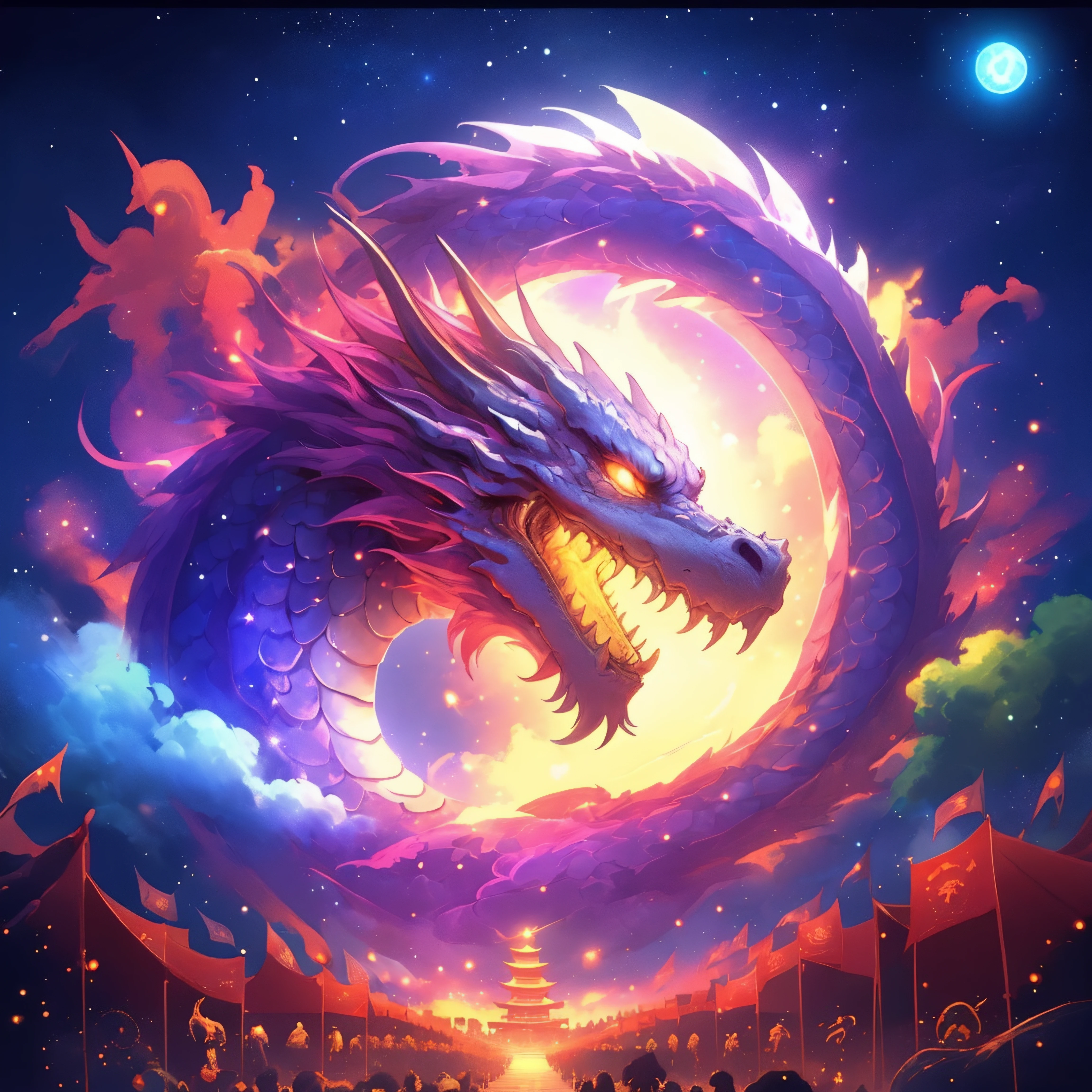 dragon, land, dragon stars, (festival:1.3), temples, lunar, (stars), Sparkle, (univese), sky, anime, glow, bright, illuminated, <lora:SparkleDragons:0.5>, <lora:DragonsAbstract:0.25>