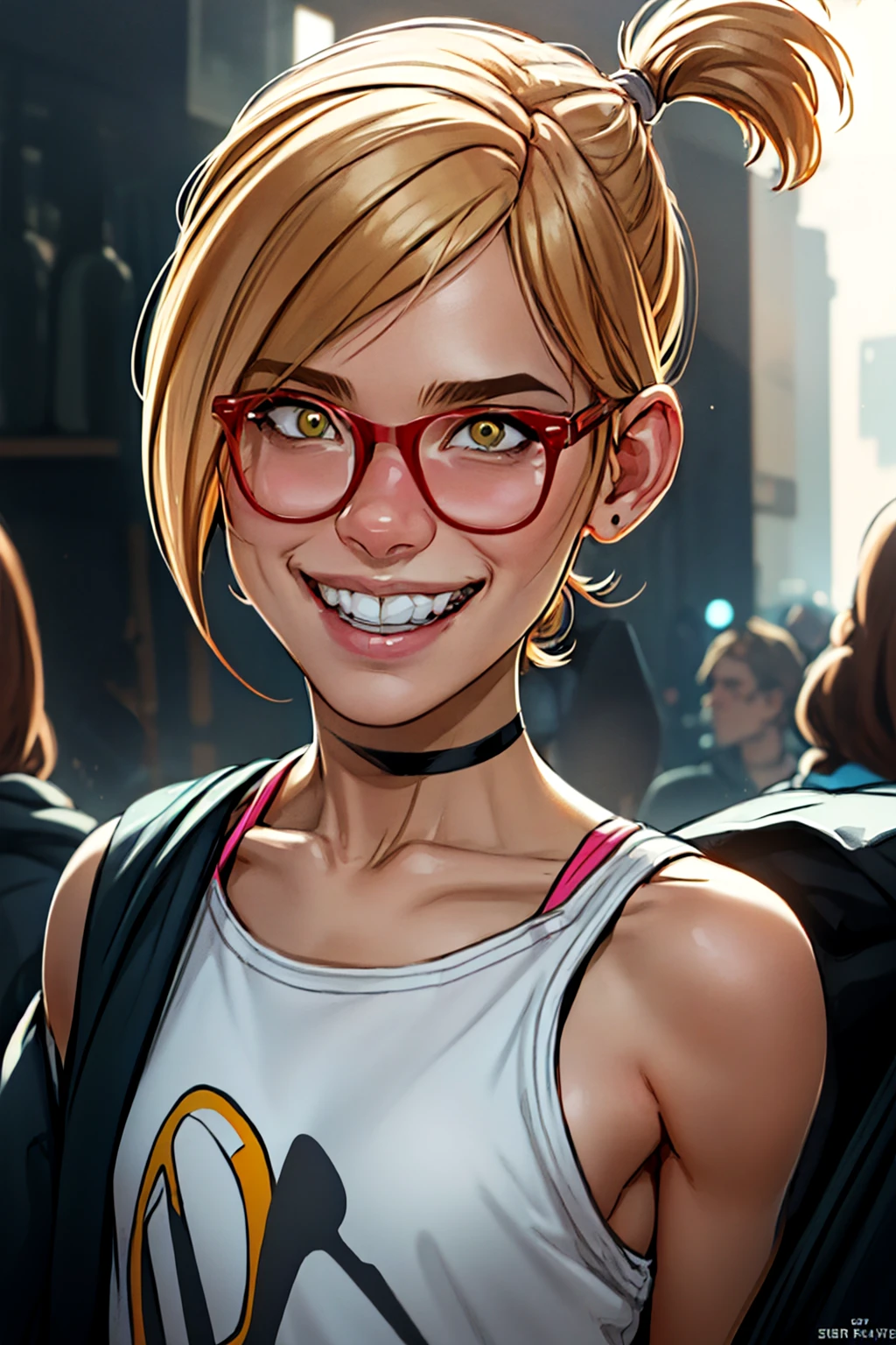 <lora:Darcy1.0:0.85> darcy, 1girl,solo, red-framed eyewear, teeth, yellow eyes, blonde hair, smile, looking at viewer, choker,upper body, short ponytail, face,