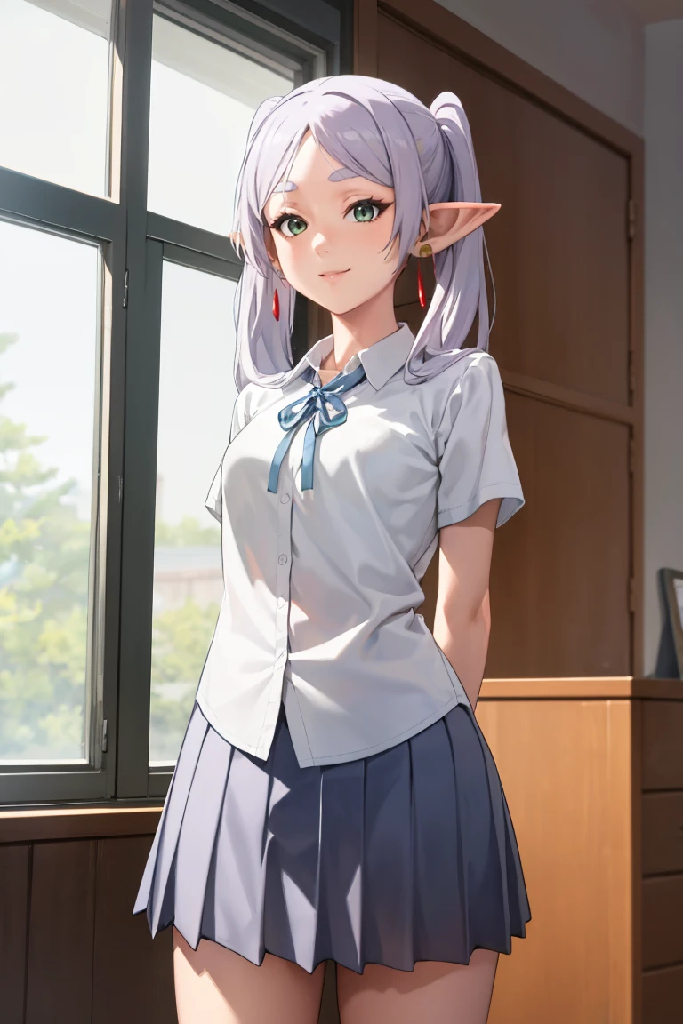 masterpiece, best quality, absurdres, 1girl, solo, Frieren, white hair, twintails, earrings, SakuragaokaSummer, sakuragaoka high school uniform, white shirt, neck ribbon, short sleeves, grey skirt, arms behind back, smile, indoors, <lora:SakuragaokaHighSchoolUniform:1>, <lora:Frieren:1.0>