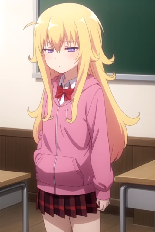 ((masterpiece)),(best quality),official art,extremely detailed CG,unity 8k wallpaper,ultra detailed,beautiful detailed eyes,extremely detailed face,classroom,1girl,solo,cowboy shot,looking at viewer,facing viewer,sleepy,half-closed eyes,deadpan,ahoge,very_long_hair,blonde_hair,messy_hair,sidelocks,hair_between_eyes,purple_eyes,pink_hoodie,red_bowtie,collared_shirt,white_shirt,small_breasts,red_skirt,pleated_skirt,plaid_skirt,black_socks,uwabaki,<lora:Gabriel Tenma White(gd)>,