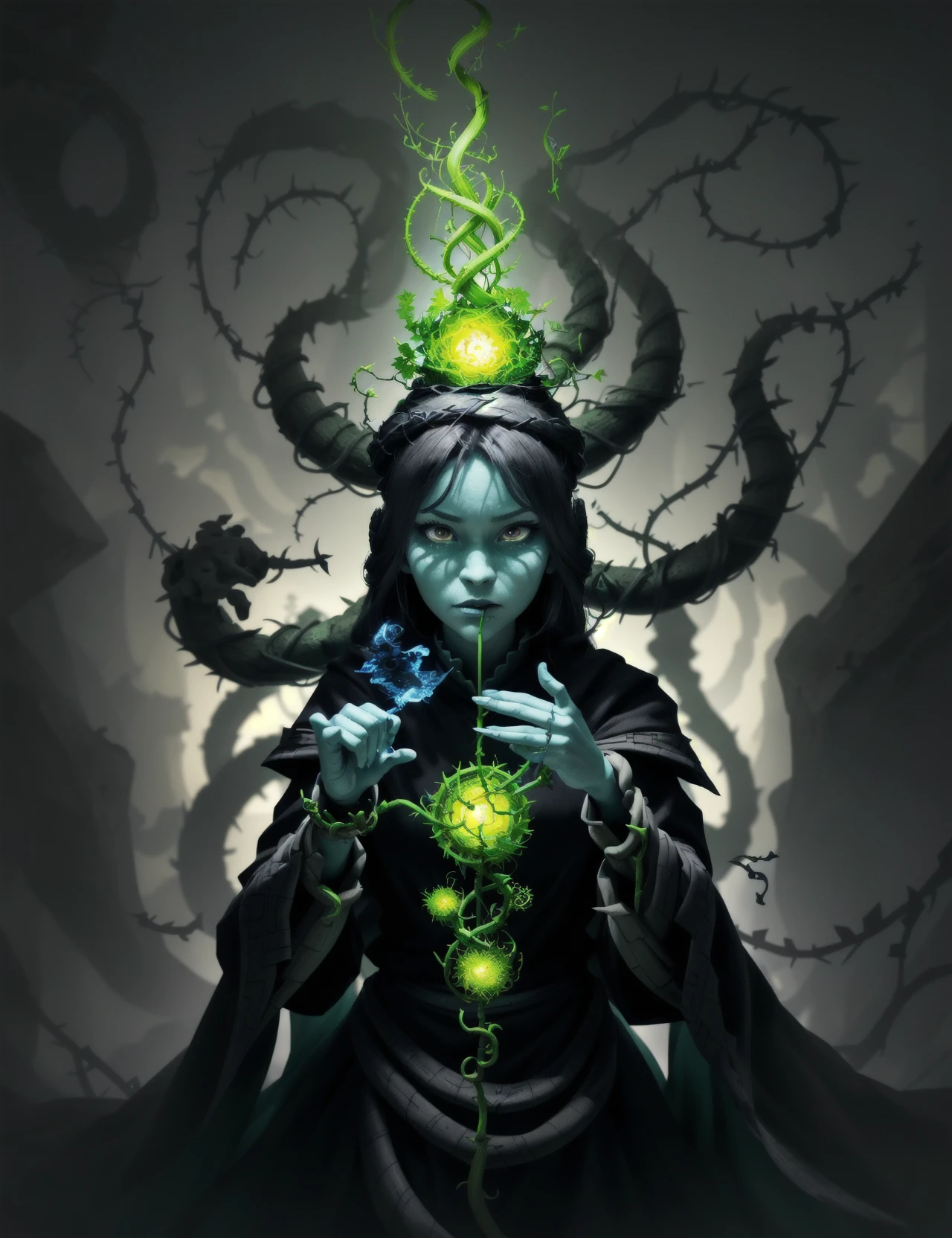 psychedelic relexed beautyfull She Hulk in a Trance world, angels and deamons dancing, swirling rainbows, psycodelic, tight bright blue dress, green skin,insanevoid, glowing eyes, extra eyes, horror \(theme\)