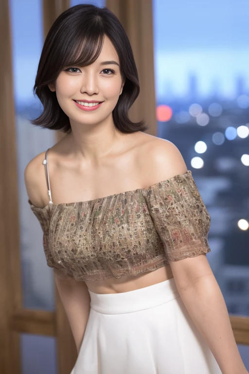 One beautiful mature woman、60 year old mature woman、 (Wrinkles around the eyes:1.2), ((Highest quality、Tabletop、8K、Best image quality、Award-winning works))、Look at me and smile、(Cleavage:1.1)、(Big Breasts:1.1)、open chest shirt, ((Unbutton)), Tight Fit Mini Skirt, 
Great cinema lighting、(Romantic affection:1.2)、(The most romantic and moody atmosphere:1.2)、Glowing Beautiful Skin、(Accurate anatomy:1.1)、Ultra-high definition beauty face、Long eyelashes、Natural Makeup、Ultra HD Hair、Ultra-high resolution eyes、(超高解像度でGlowing Beautiful Skin:1.1)、Super high quality glossy lip、Glowing Beautiful Skin