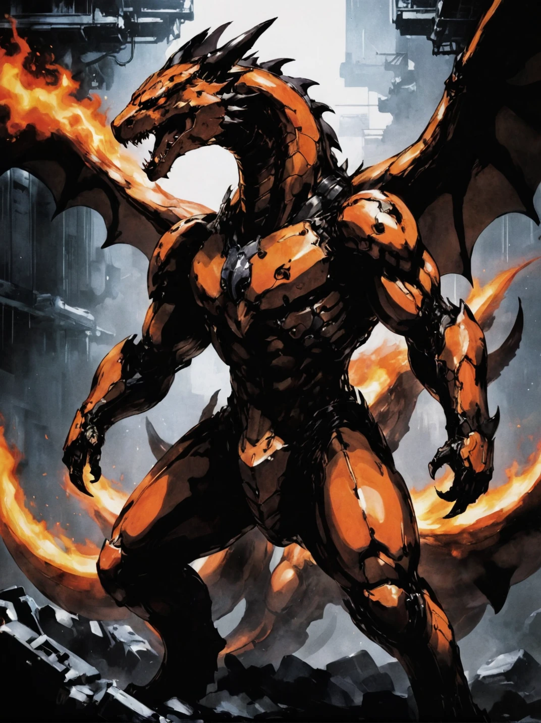Epic, Realism, Ultra High Resolution, Muscle: 3.0, Hairless, Huge Pectoral Muscles: 1.1, Well-defined Eight-Pack Abs, Wide Shoulders, Developed Deltoids, Huge Biceps, There is a Red Eyed Black Dragon Standing Under the Stars, Anthropomorphic Dragon, Black Dragon, Dragon Body, Human Dragon Art, Giant Monster Dragon Monster, Muscular Dragon Man, Man and Dragon Fusion, Flame, Realism, Epic, Body with Flame Pattern, Long Horns, Dragon Wings, Starry Sky