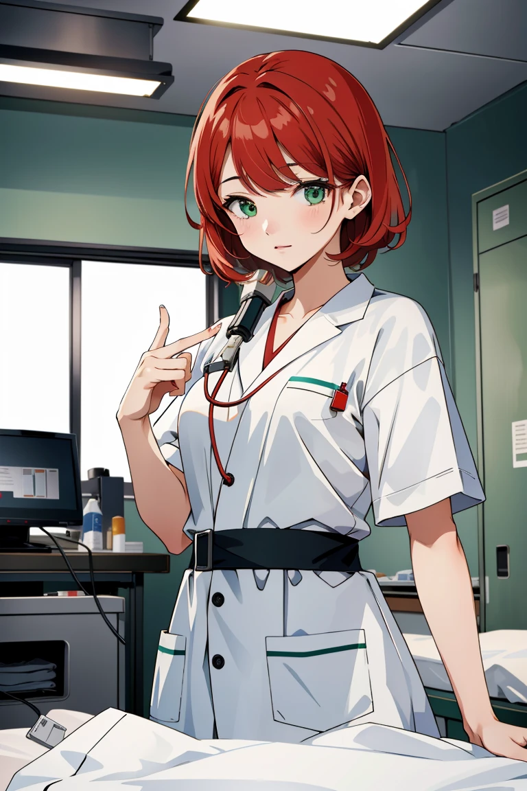 ((masterpiece, best quality,lower_body)), operating table,medical monitors,hospital bed, standing, <lora:Kazumi_Takayama_v1.2-000006:0.8>  (kazumi takayama,red hair,green eyes),