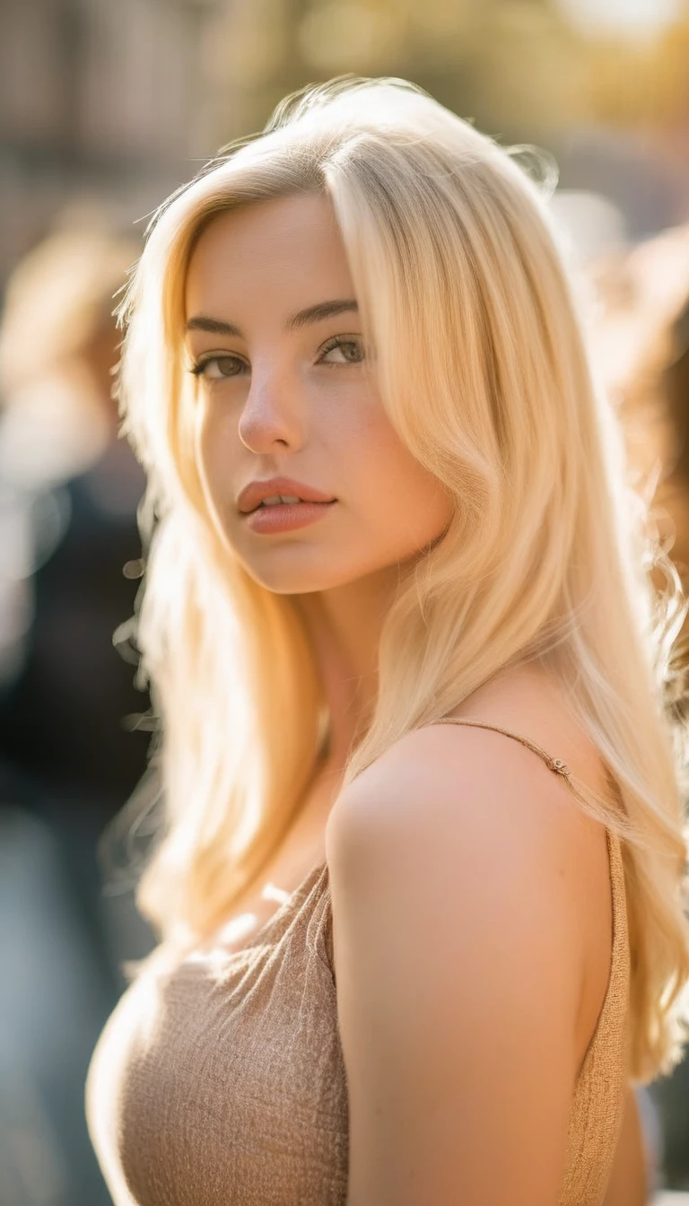 Hasselblad close up photography of a blonde woman in crowded place, (age 22), (sunny weather), (elegant blonde hair), emma_kotos_lora_v1 <lora:emma_kotos_lora_v1:1>, (warm light), sharp. crisp, 4k, (((sharp focus))), bokeh,(((Sigma 85mm f/1.4))), (Macrophotography), (Tilt-shift), (((Emma Kotos)))