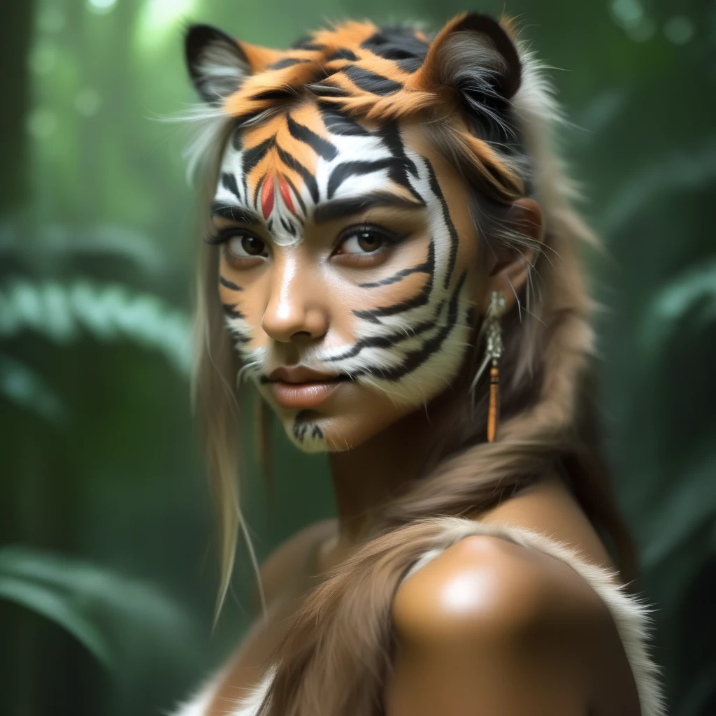 She is a tiger beast girl.、Yellow Eyes、Yellow and beautiful skin、Tiger print hair、Primitive clothing、Tattered loincloth,titature body、Her face is very beautiful、She's so cute、She is the guardian of the ancient ruinegachibi、Young Face、Tiger Battle painted face、Equipped with tiger-patterned battle knuckles、