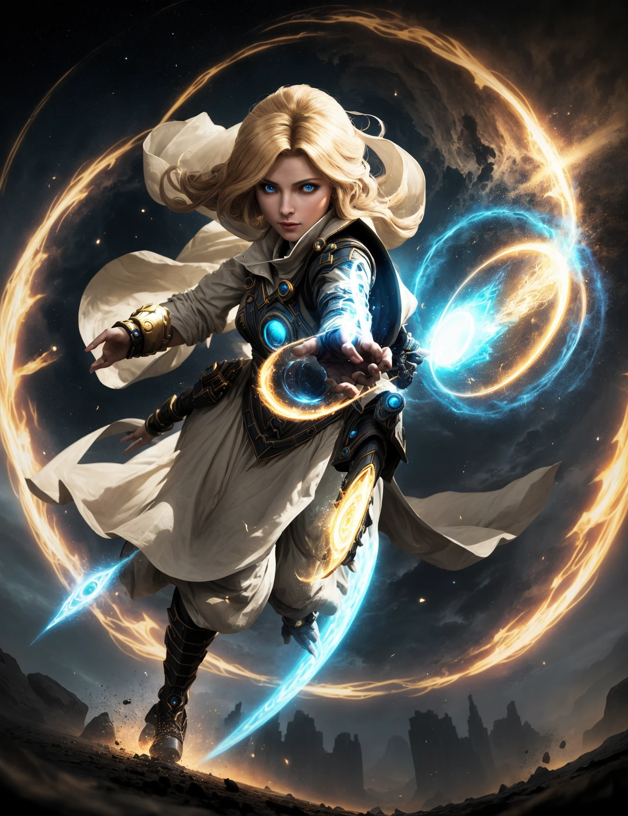 awesome quality,masterpiece, dynamic,close up, DonMM4g1c caster, female battlemage  Mastering glamour shaped like Portal of sepia airy ice and time travel   <lora:myLora\DonMM4g1c-v2.1rb2:0.8>