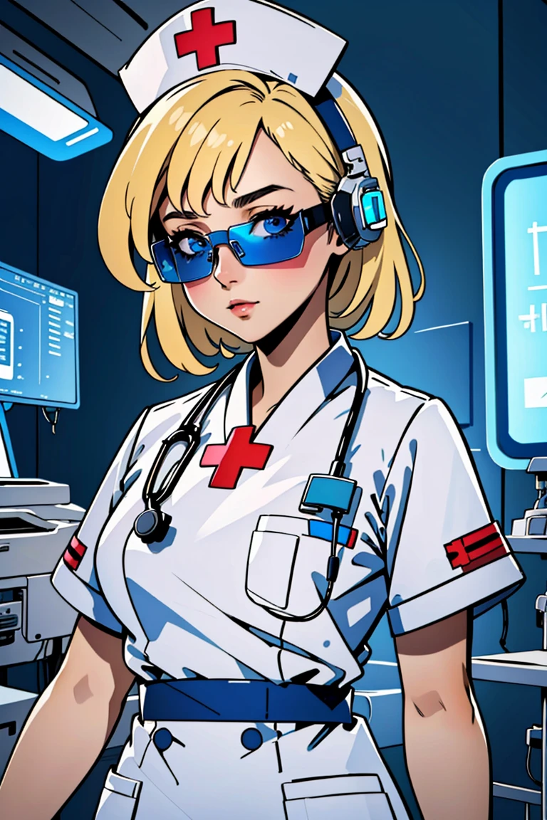 ((masterpiece, best quality,lower_body)), operating table,medical monitors,hospital bed,   <lora:cybr_nrs_v1.0-000006:0.8> (cyber_nrs,, 1girl, short sleeves, headphones, nurse cap, nurse, name tag, tinted eyewear, stethoscope,cybernetic, futuristic), , <lora:Maxine_MightyMax_Leaf2:0.7> (maxine, blonde hair, blue eyes),