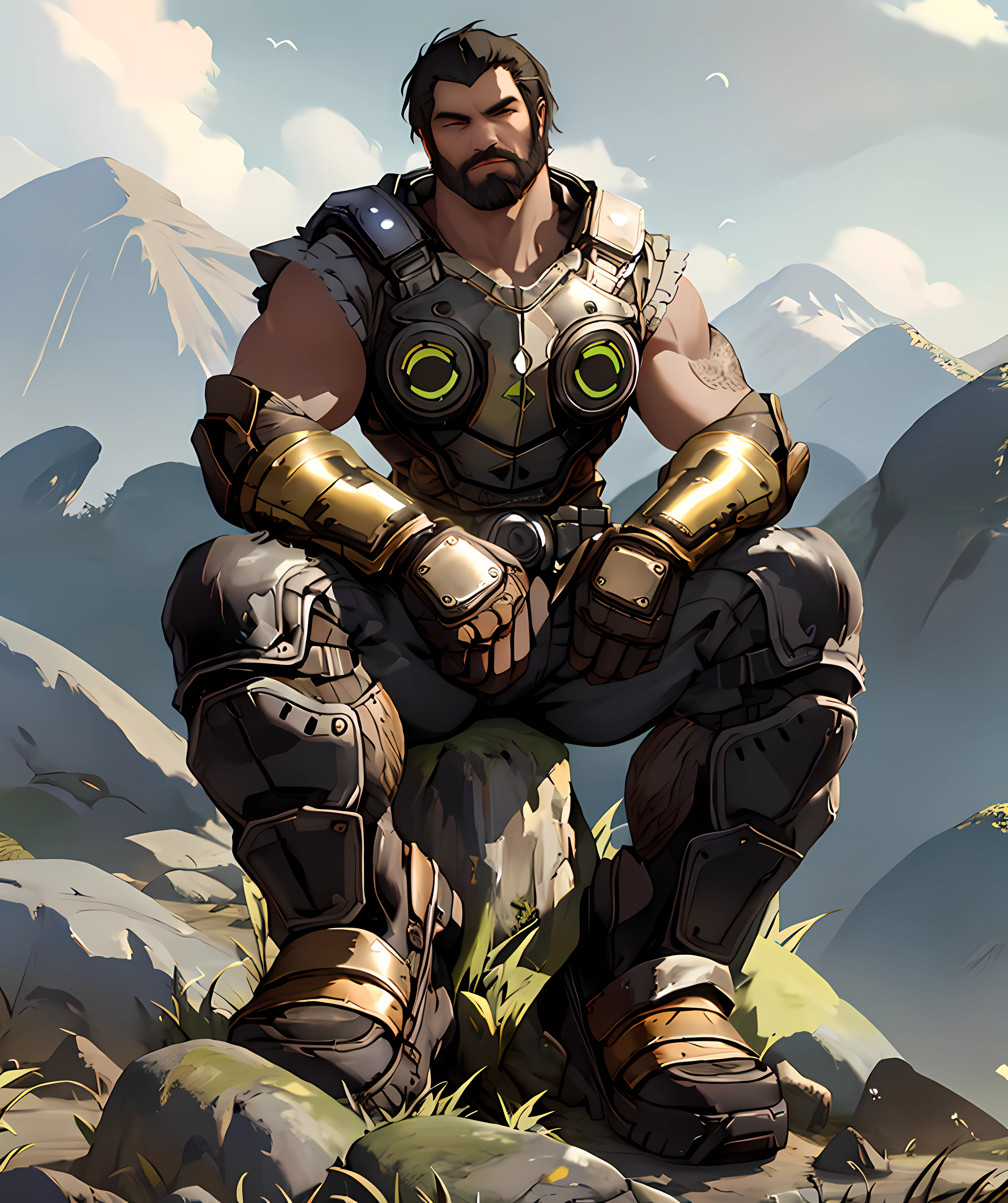 full_beard_dom_santiago, sitting on rocks, looking to viewer, mountain, armor, long pants, (hand in pocket:1.1) <lora:Full_Beard_Dom_Santiago-15:0.85>
