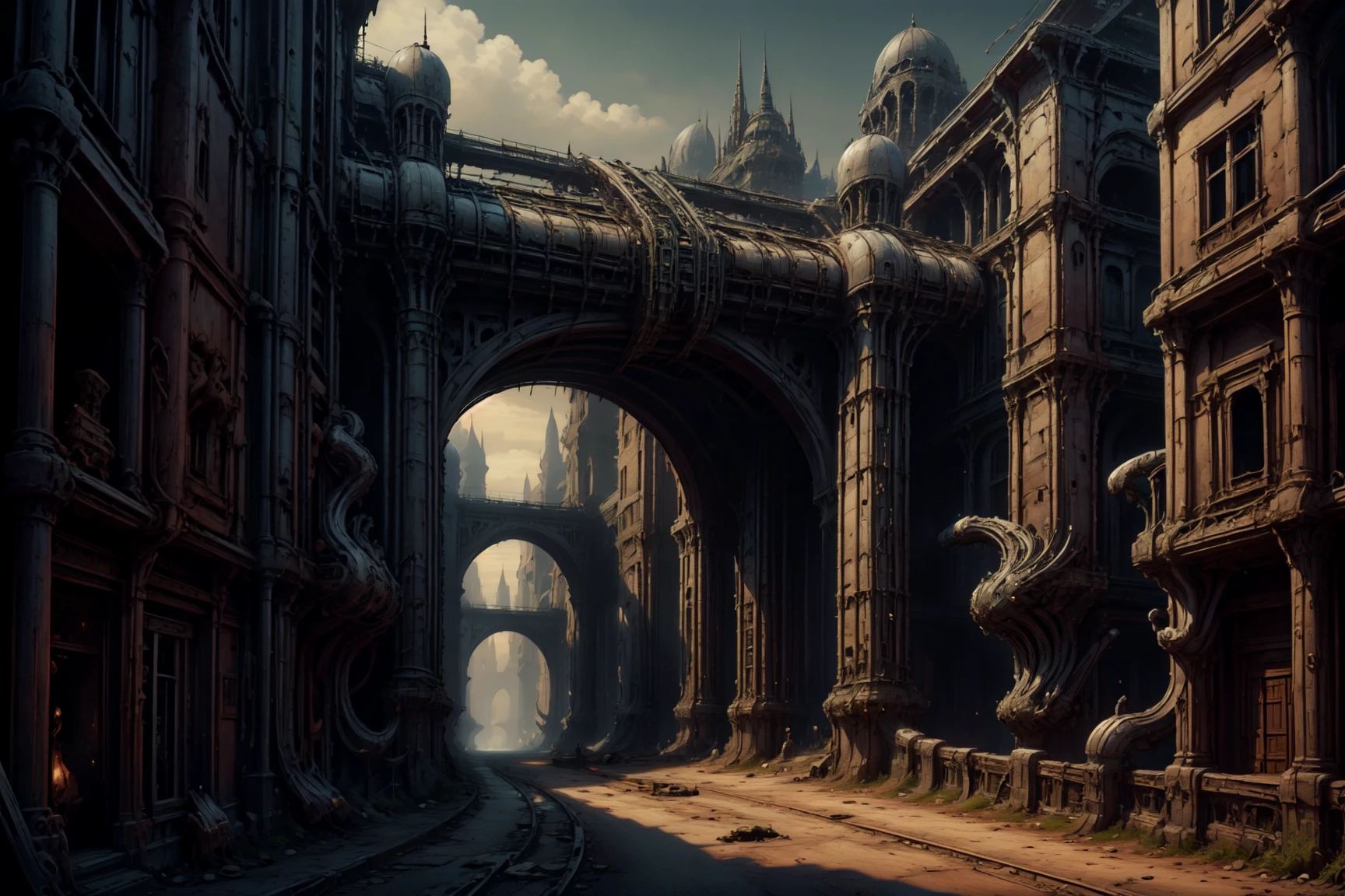 masterpiece, best quality, expressive eyes, absurdres, <lora:H.R.GigerWorld:1> gigerworld, winding alley with bridges and roads