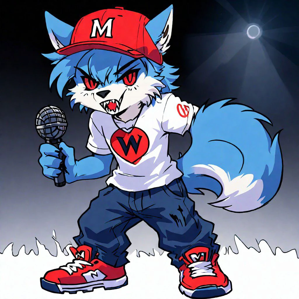 1boy, cartoon, wolf ears, red hat, baseball cap, backwards hat, white shirt,  red cancel logo on shirt, blue fur, wolf boy, wolf tail, ripped cloths, baggy pants, big shoes, claws, mic, holding mic, black eyes, fangs, chibi, v-shaped eyebrows, singing